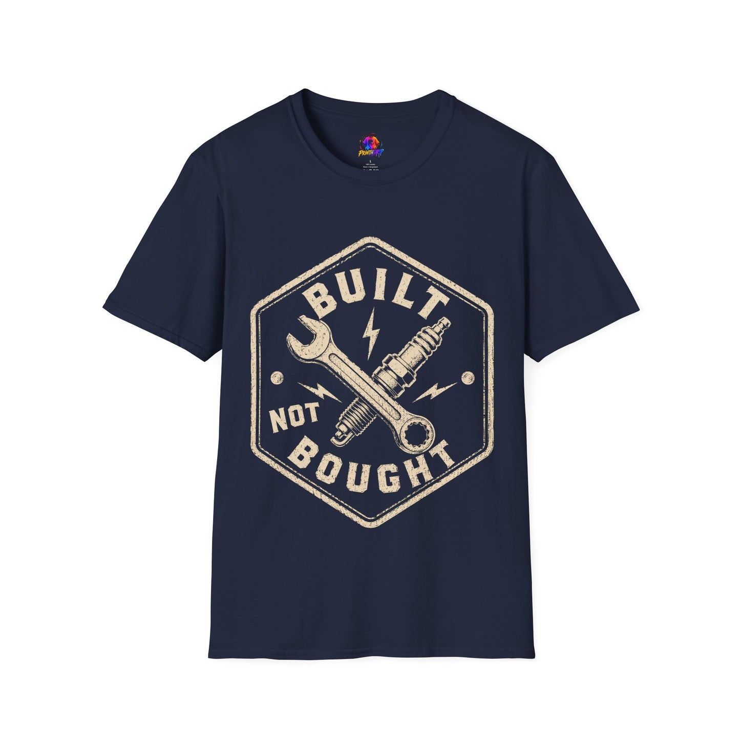Built Not Bought T-Shirt — Vintage Mechanic Wrench & Spark Plug Tee