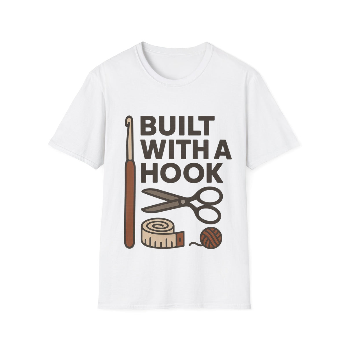 "Built With A Hook" Funny Crochet Graphic Tee - Minimalist Yarn Maker Crafting White T-Shirt - Trending Now - September 2026