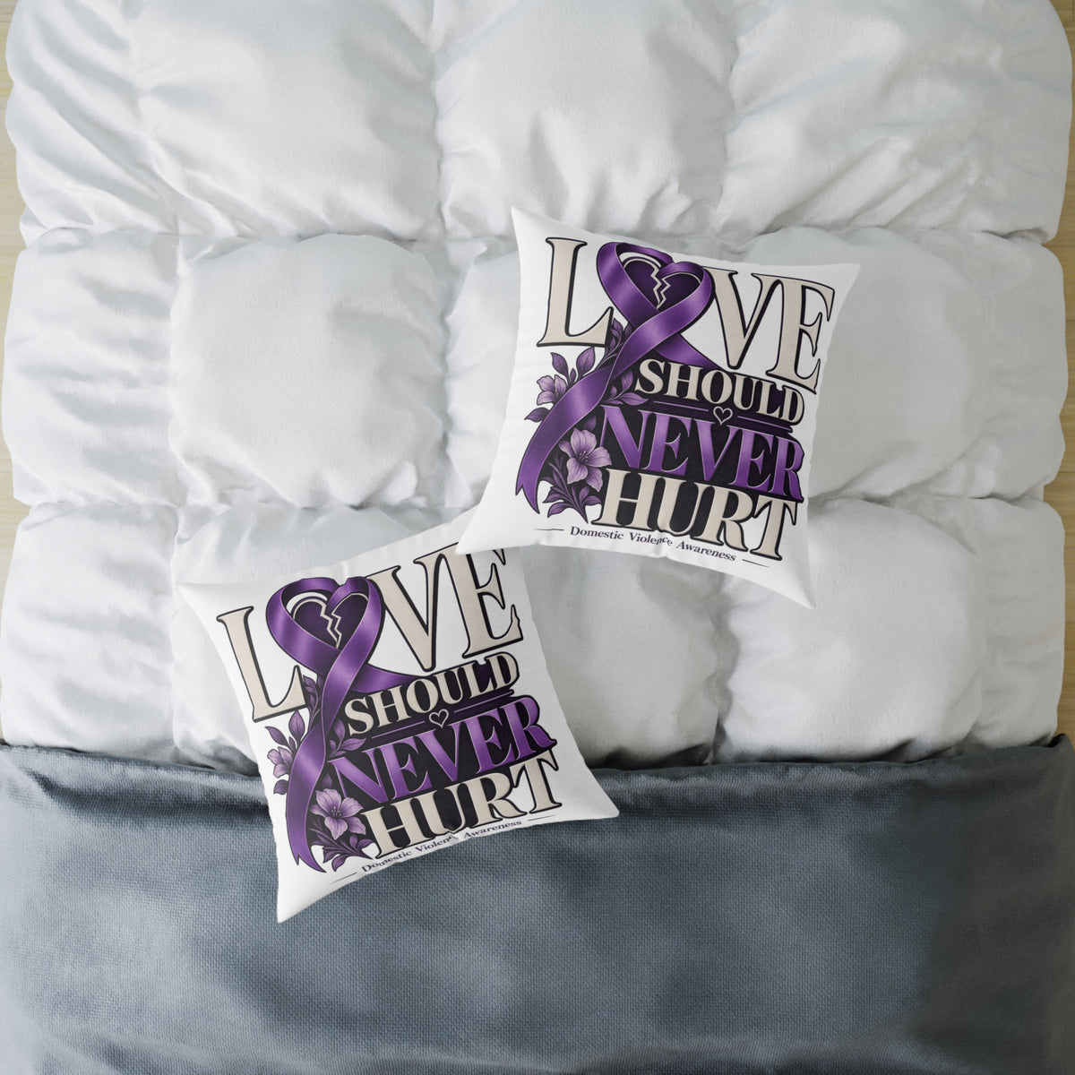 Square Pillow — "Love Should Never Hurt" Purple Ribbon Domestic Violence Awareness