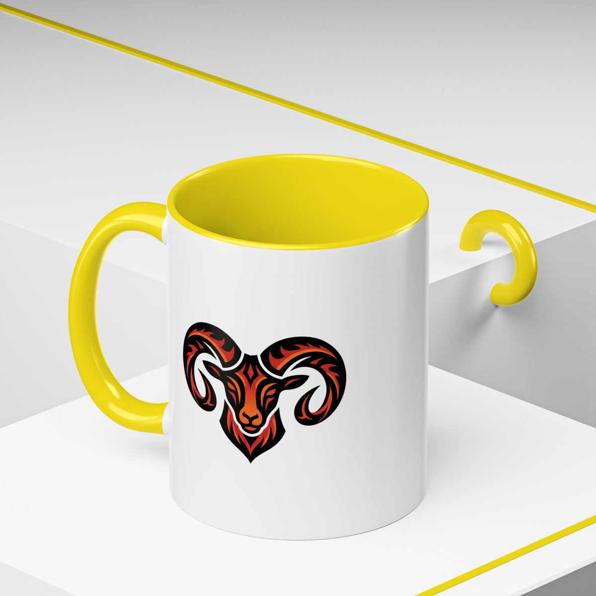 Aries Zodiac Ram Logo Accent Coffee Mug — Bold Tribal Ram Head Design
