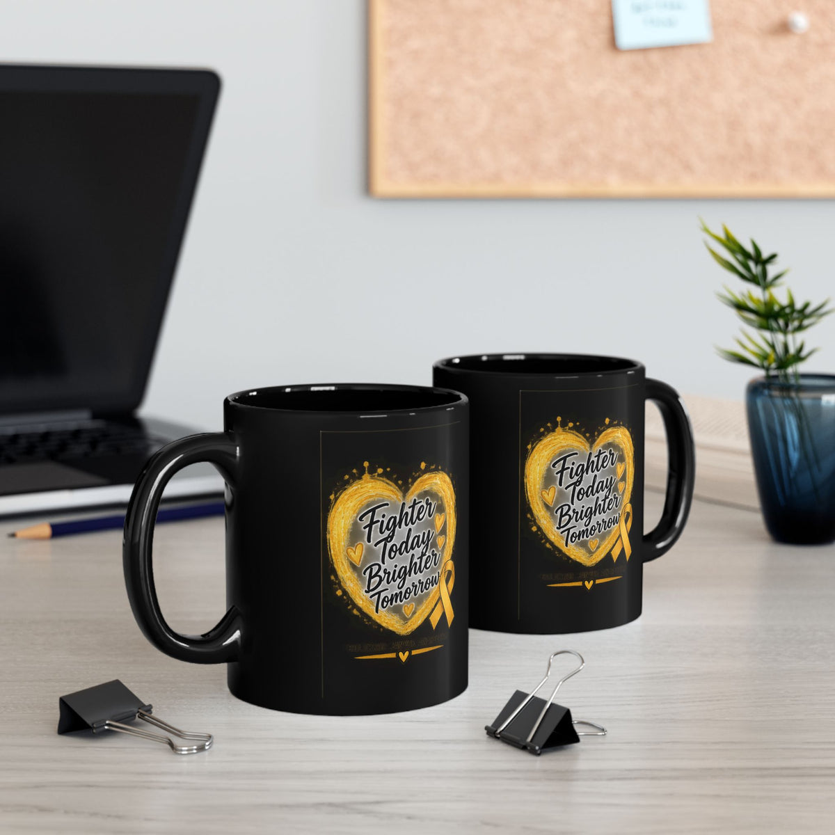 Childhood Cancer Awareness Ribbon Mug — “Fighter Today, Brighter Tomorrow” Black Coffee Mug