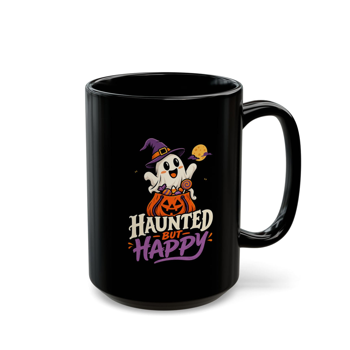 Haunted But Happy Halloween Mug — Cute Ghost Pumpkin Black Coffee Cup