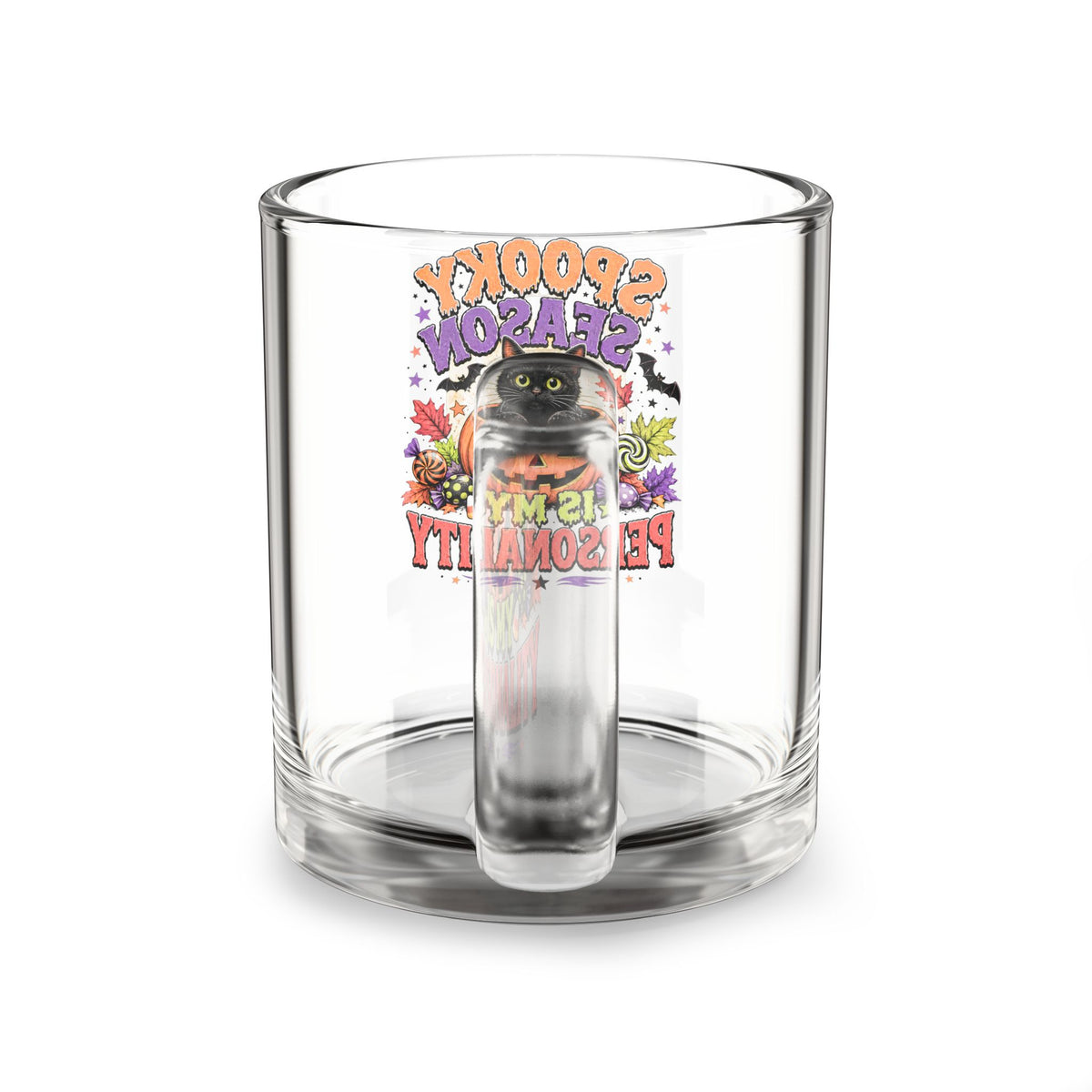 Halloween Glass Mug 10 oz  Glass Mug — "Spooky Season Is My Personality" Halloween Cat Pumpkin Coffee Cup