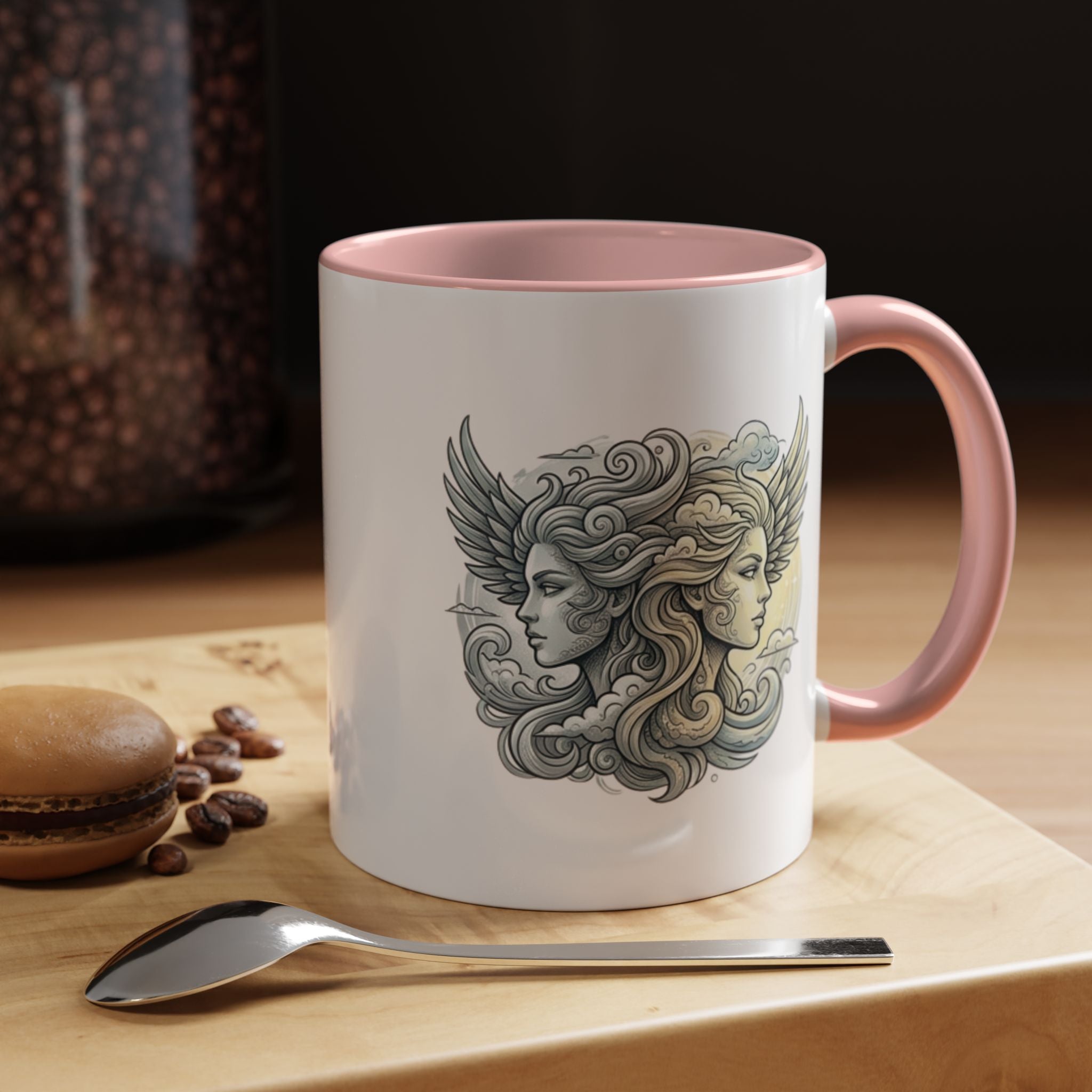Gemini Twins Accent Coffee Mug — Sun & Moon Winged Faces Illustration