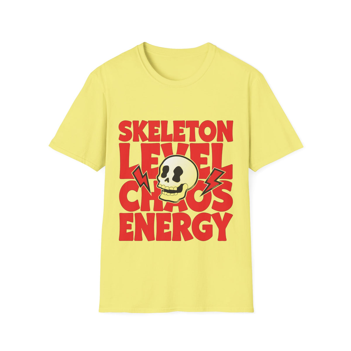 Skeleton Level Chaos Energy Red Block Tee - Bold Skull Lightning Graphic T-Shirt - Trending Now - September 2026