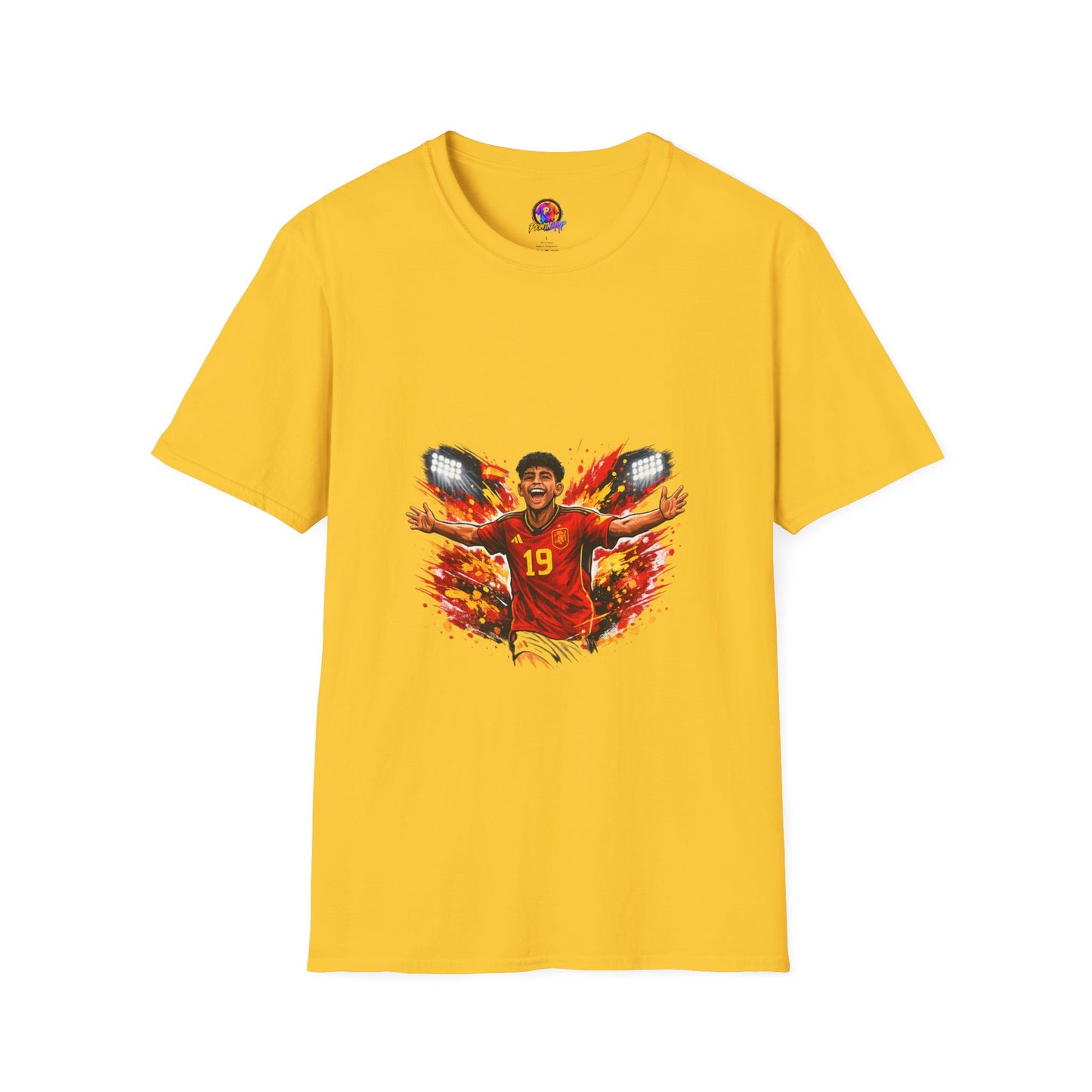 Spain Soccer Fan Portrait T‑Shirt – Fiery Goal Celebration Design