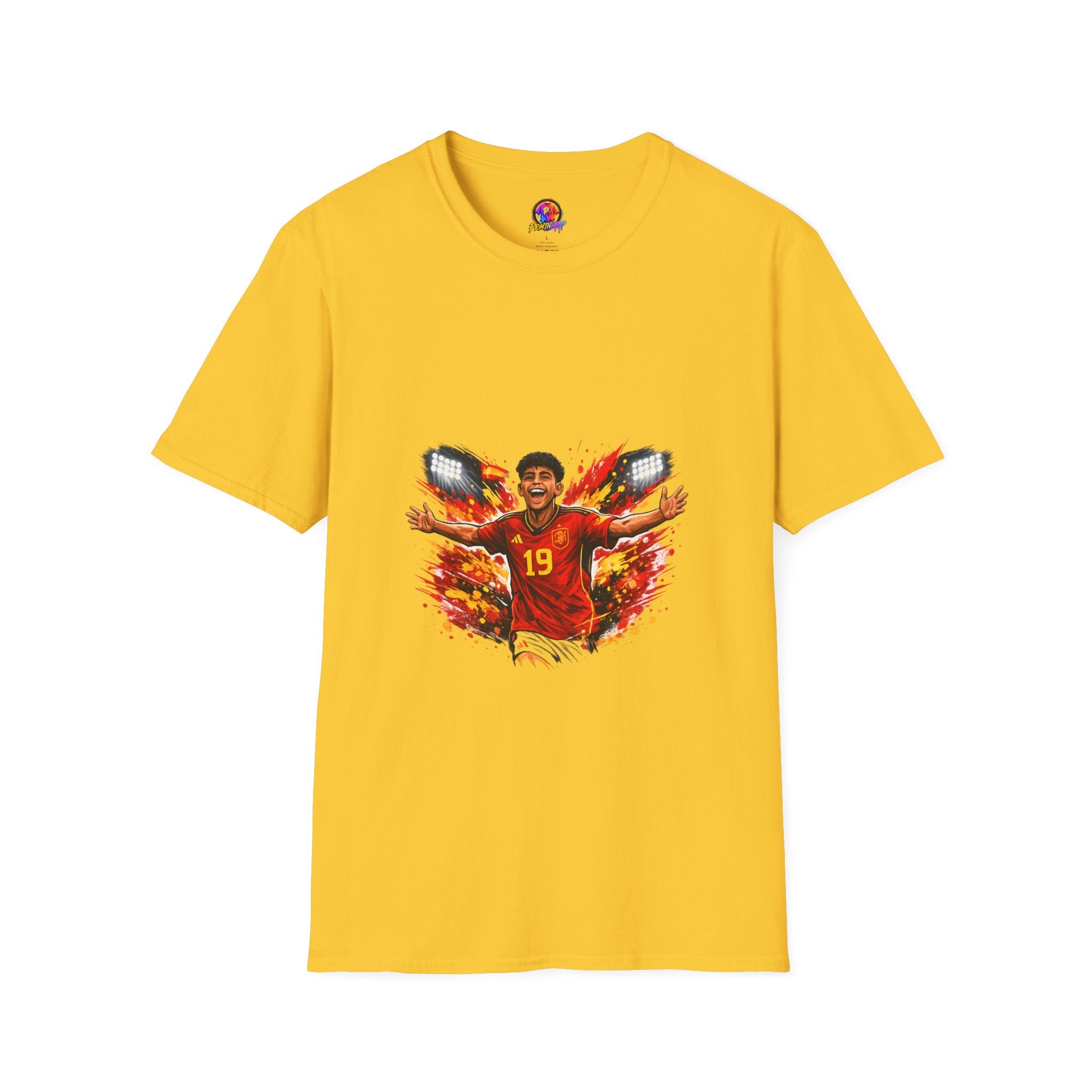 Spain Soccer Fan Portrait T‑Shirt – Fiery Goal Celebration Design