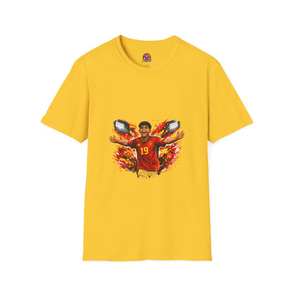 Spain Soccer Fan Portrait T‑Shirt – Fiery Goal Celebration Design