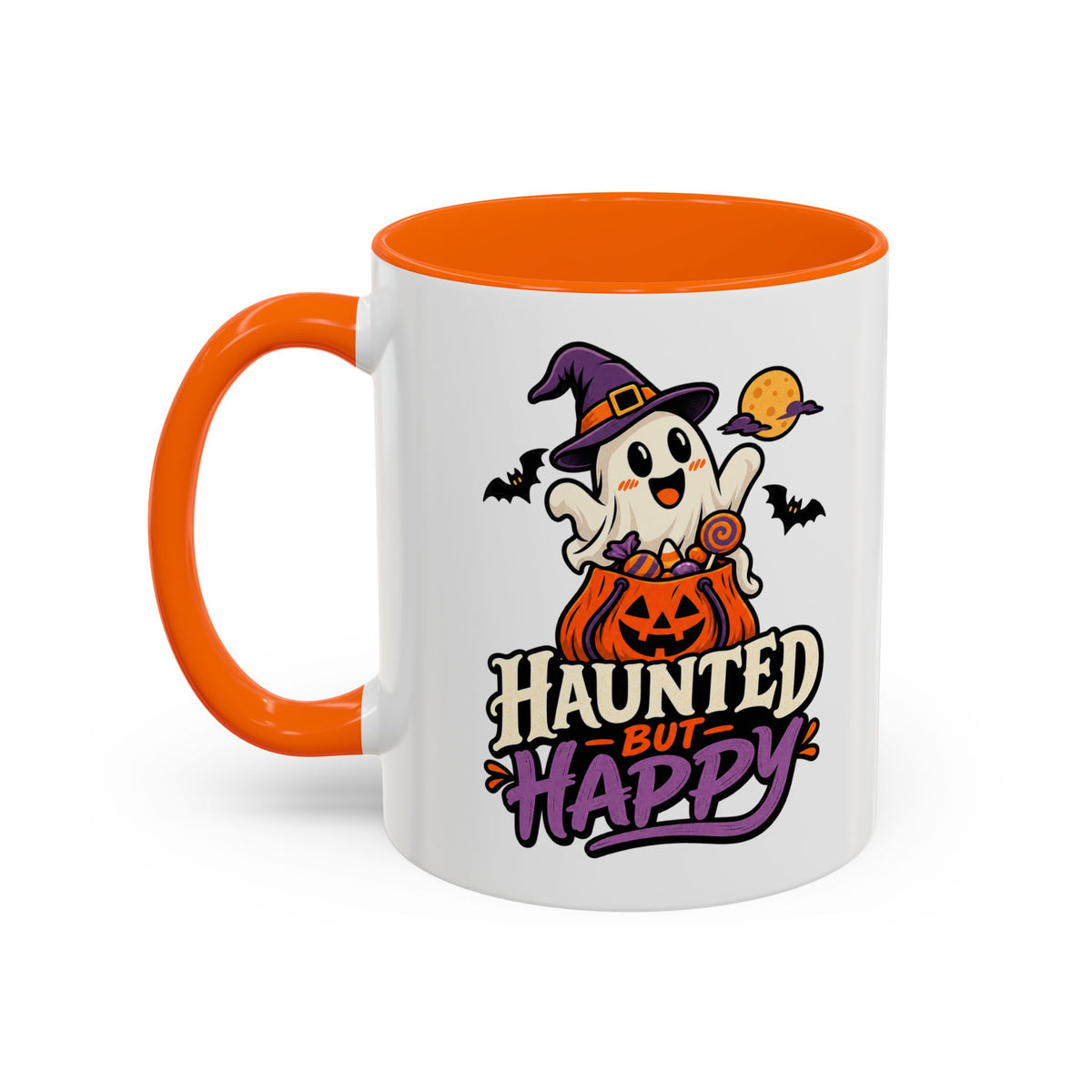 Haunted But Happy Coffee Mug — Halloween Ghost Pumpkin Accent Mug (11/15oz)
