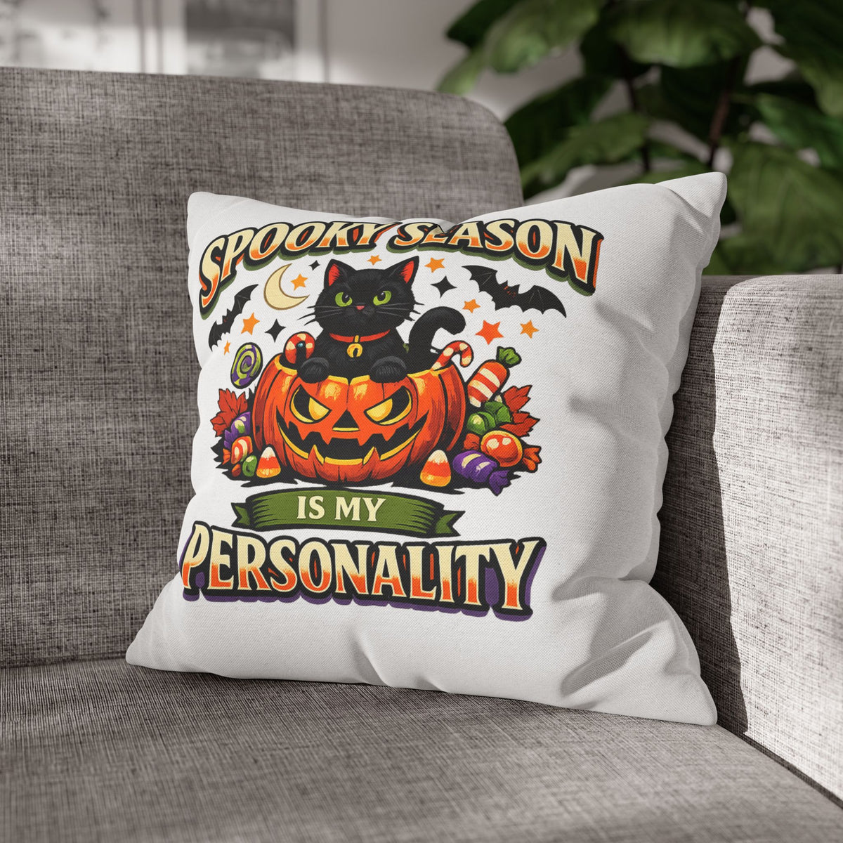 Halloween Pillowcase — "Spooky Season Is My Personality" Black Cat Pumpkin Decorative Pillow