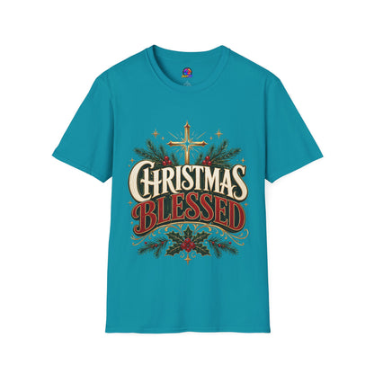 Christmas Blessed T-Shirt — Faith-Based Holiday Tee with Cross & Pine Design