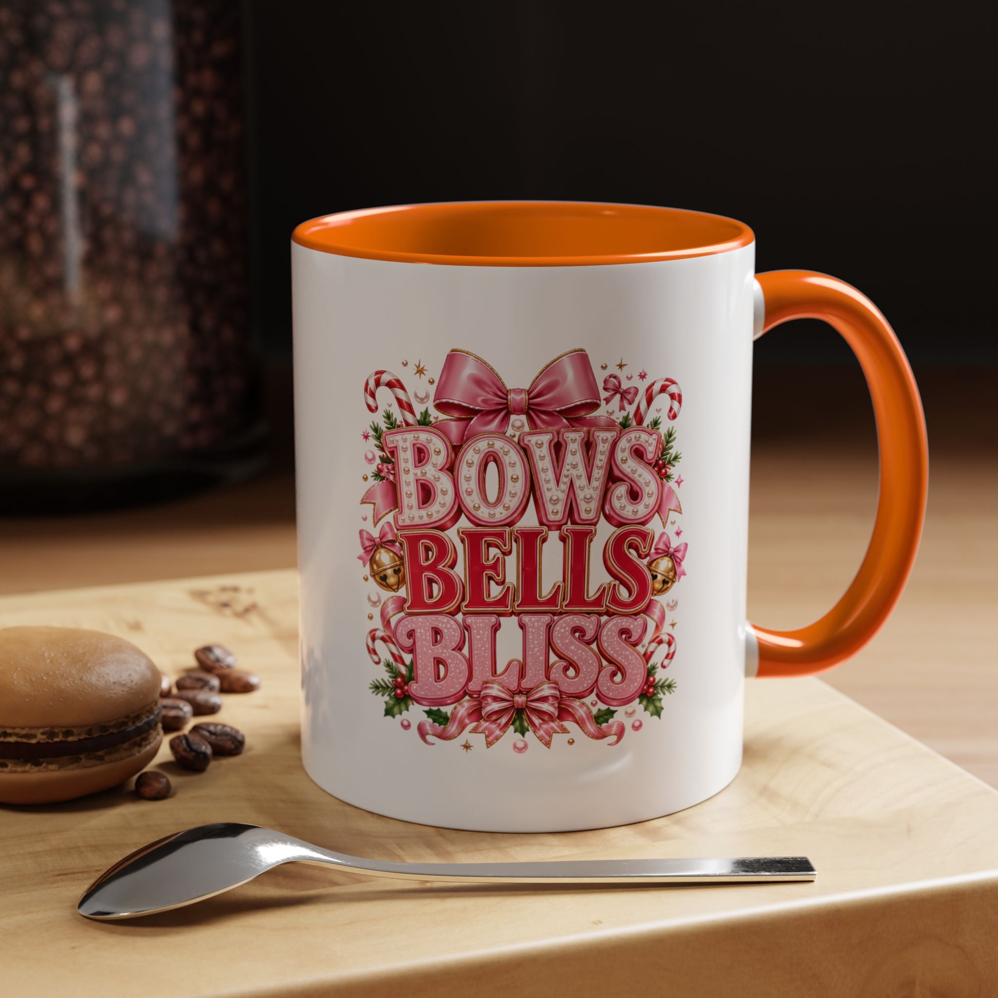 Modern Day Christmas Bows Bells Bliss Coffee Mug — Pink Holiday Accent Mug