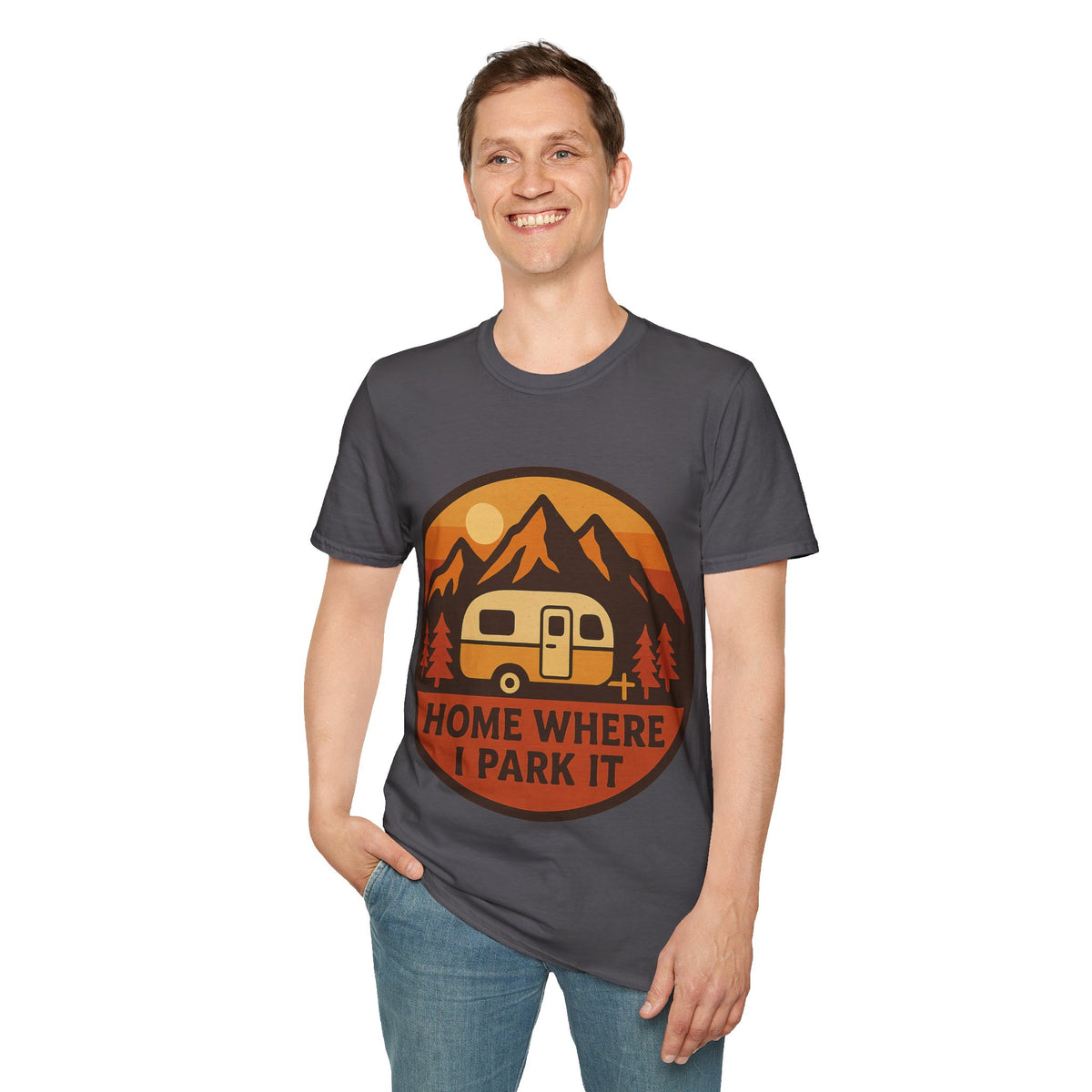 "Home Where I Park It" Vintage Camper Van Graphic Tee - Retro Sunset Mountain White T-Shirt - Trending Now - September 2026