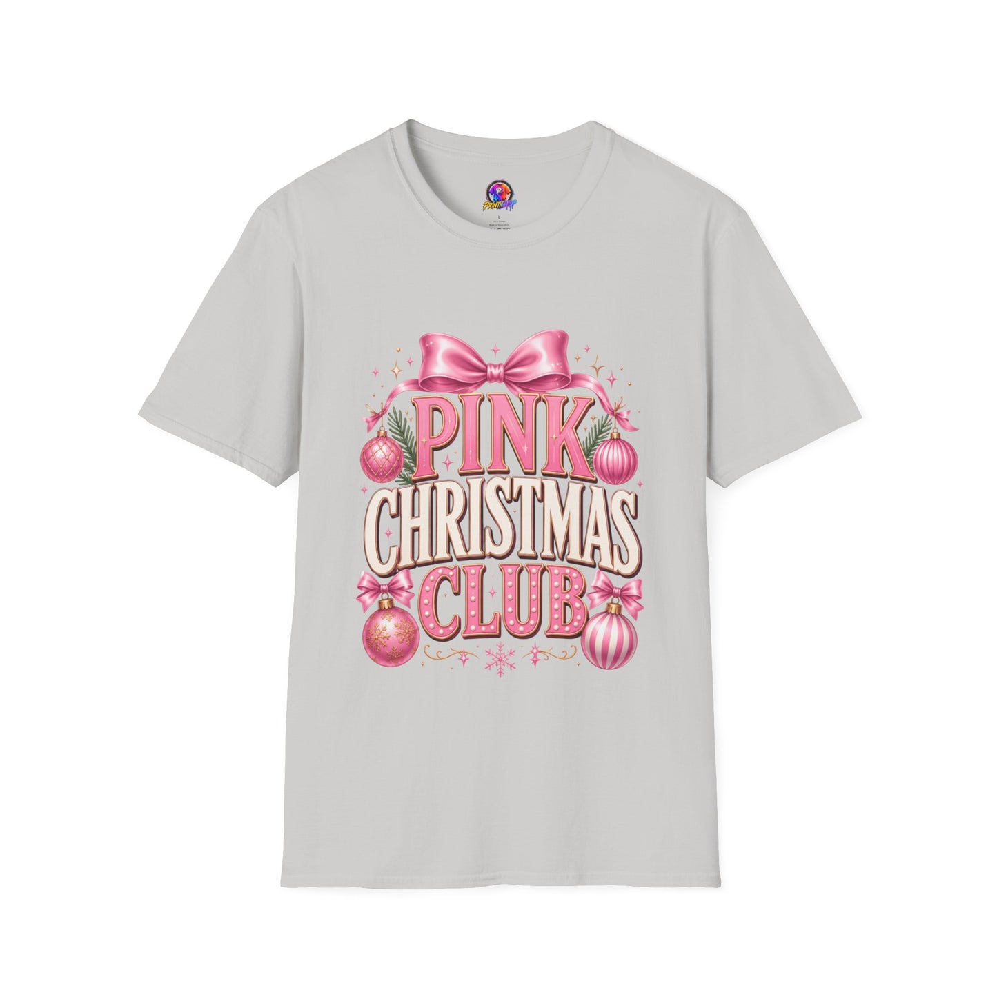 Pink Christmas Club T-Shirt — Womens Festive Holiday Tee with Bow & Ornaments