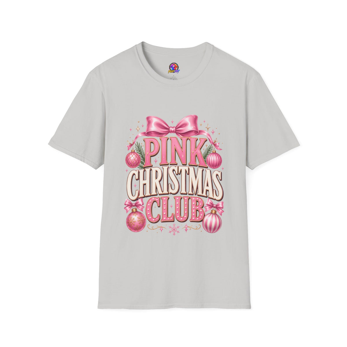 Pink Christmas Club T-Shirt — Womens Festive Holiday Tee with Bow & Ornaments