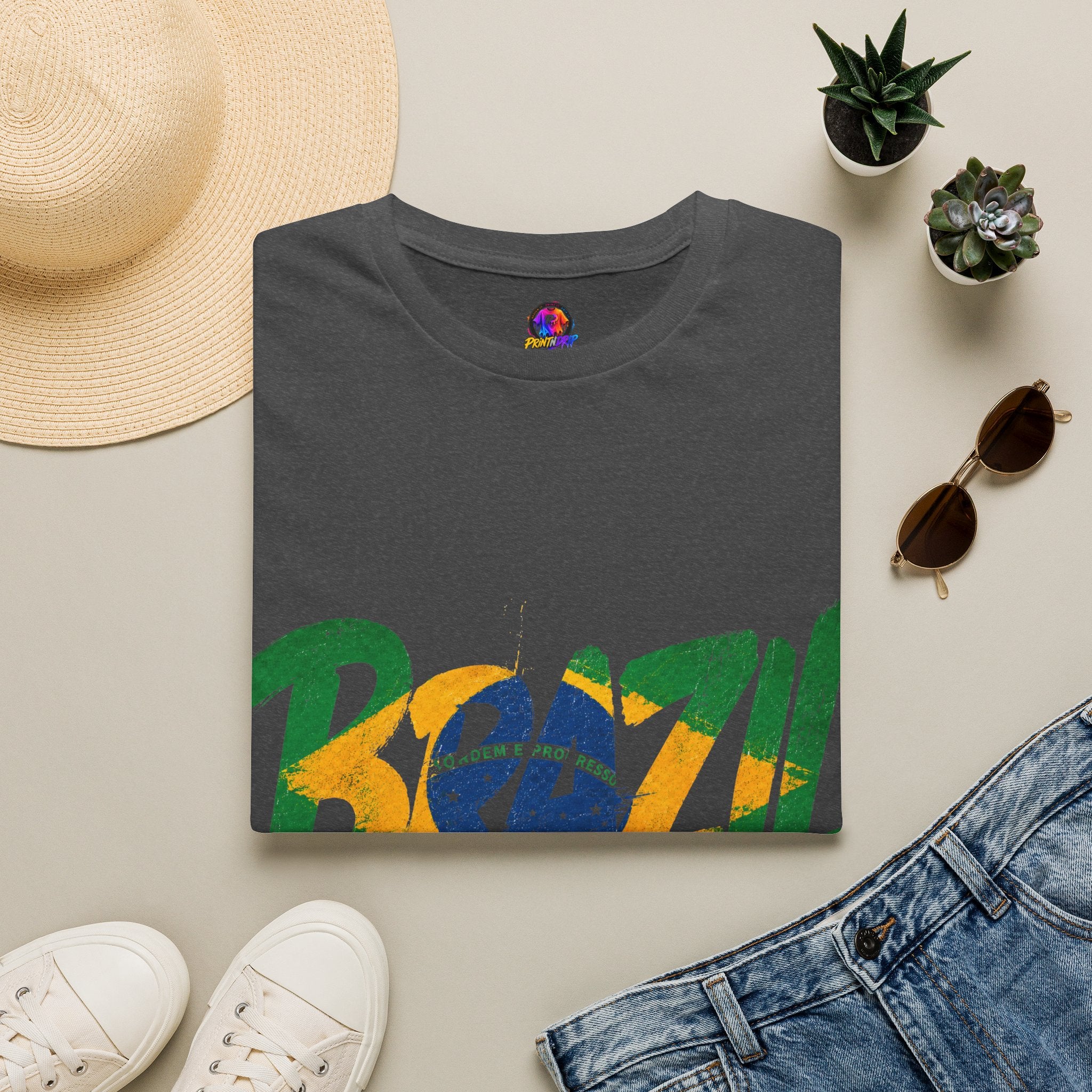 Brazil Flag Graphic T-Shirt — Bold Brazil Script with National Flag Motif