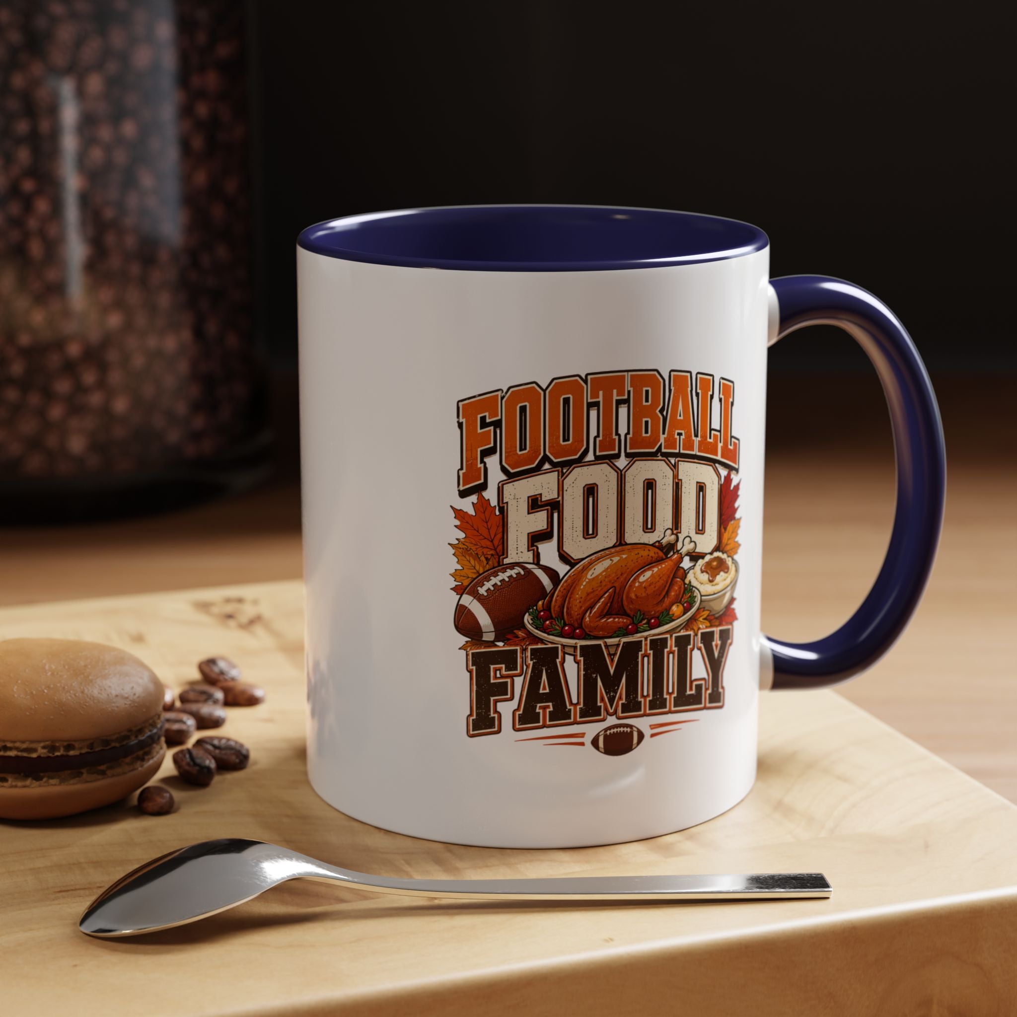 Thanksgiving Mug Football, Food & Family Coffee Mug — Thanksgiving Game Day Accent Mug