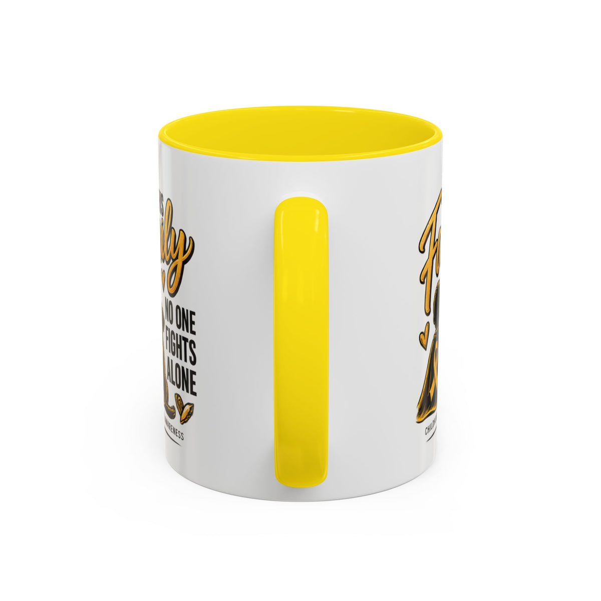 Childhood Cancer Awareness Coffee Mug — "In This Family No One Fights Alone"