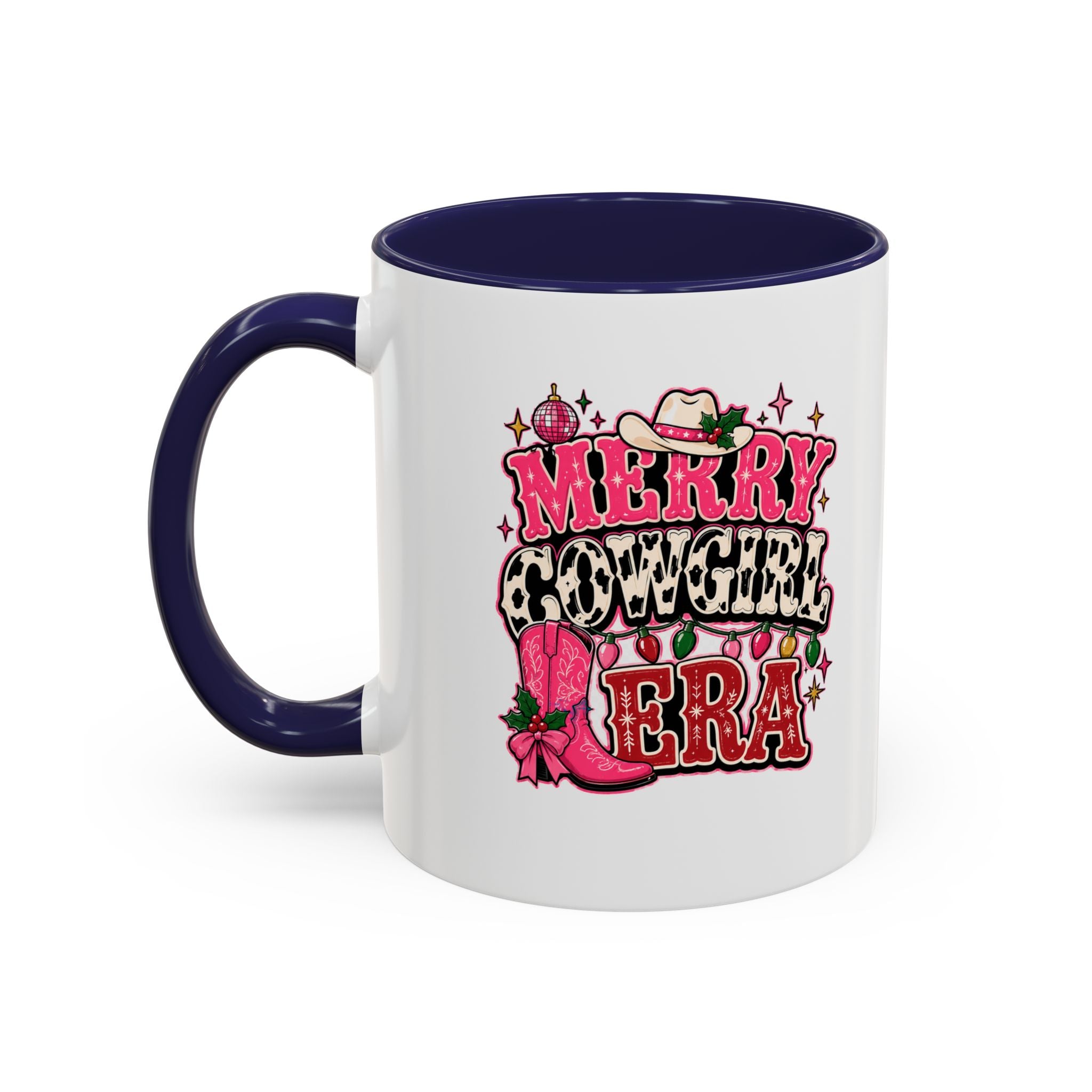 Modern Day Christmas Merry Cowgirl Era Accent Coffee Mug — Festive Pink Western Cowboy Boots & Hat Mug
