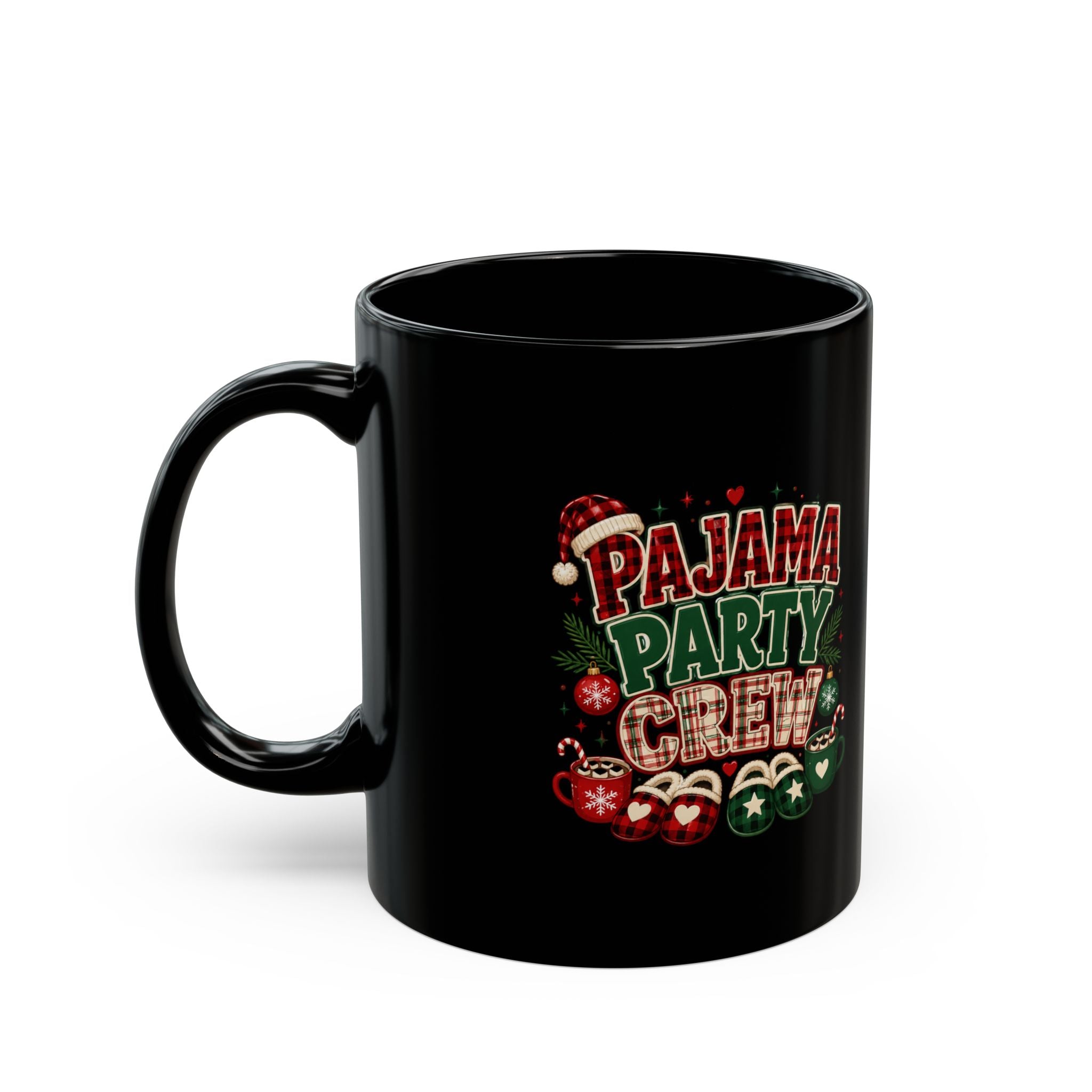 Pajama Party Crew Black Mug – Funny Christmas Holiday Coffee Cup