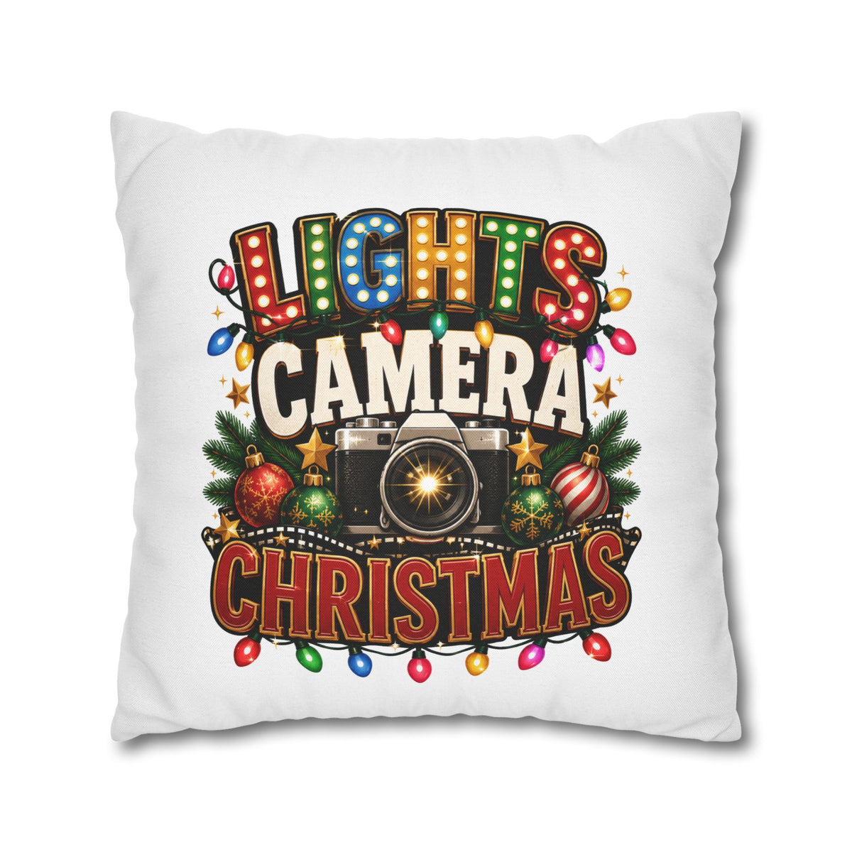 Christmas Photographer Pillowcase – “Lights Camera Christmas” Decorative Throw Pillow