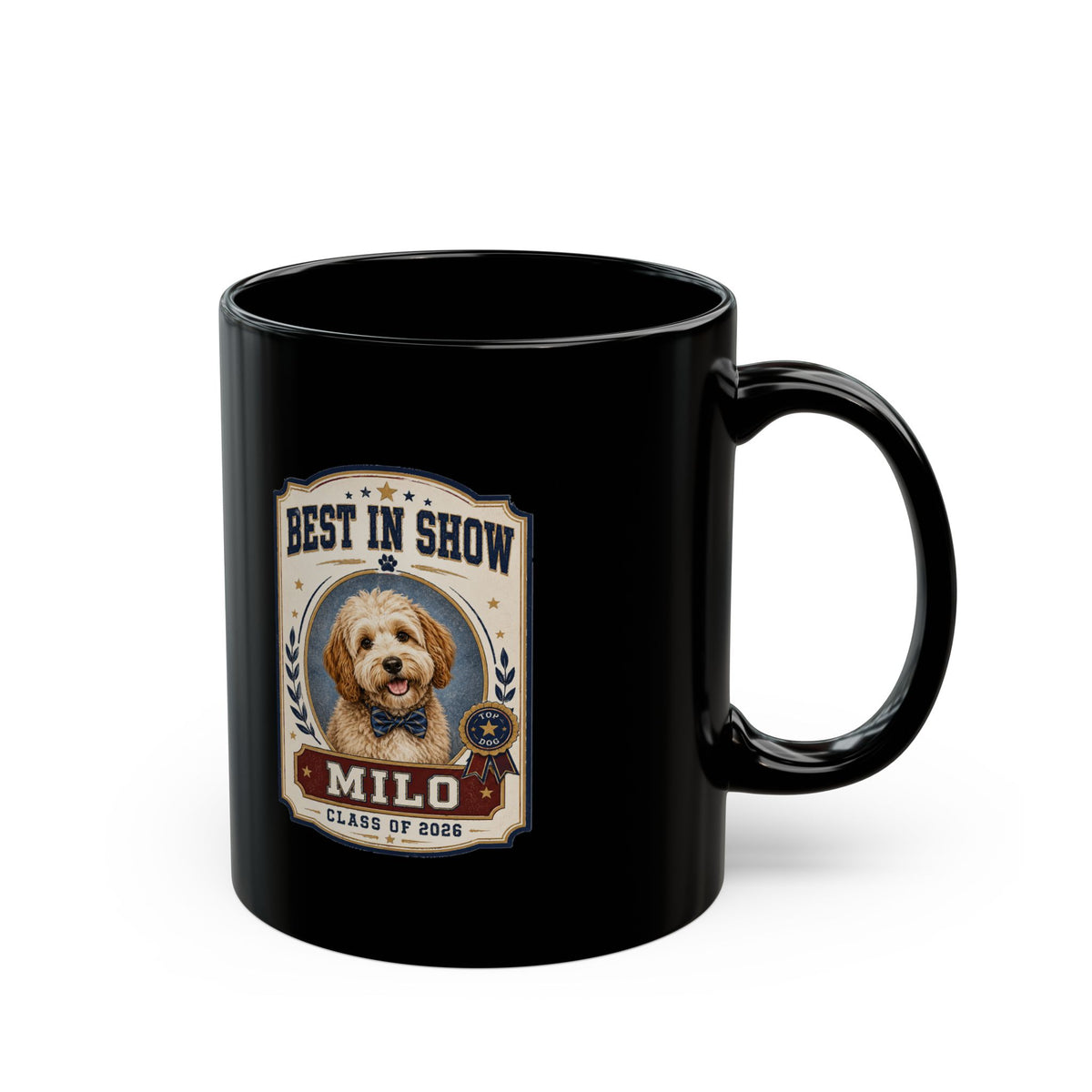 Milo Bailey Dog Dad Mom Best in Show Personalized Dog Mug — "Milo" Pet Photo Black Coffee Cup