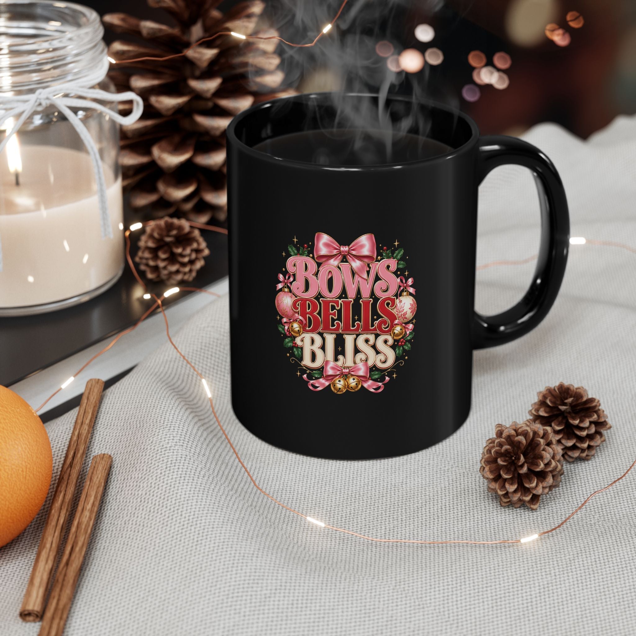 Bows, Bells & Bliss Black Christmas Mug — Festive Holiday Coffee Cup