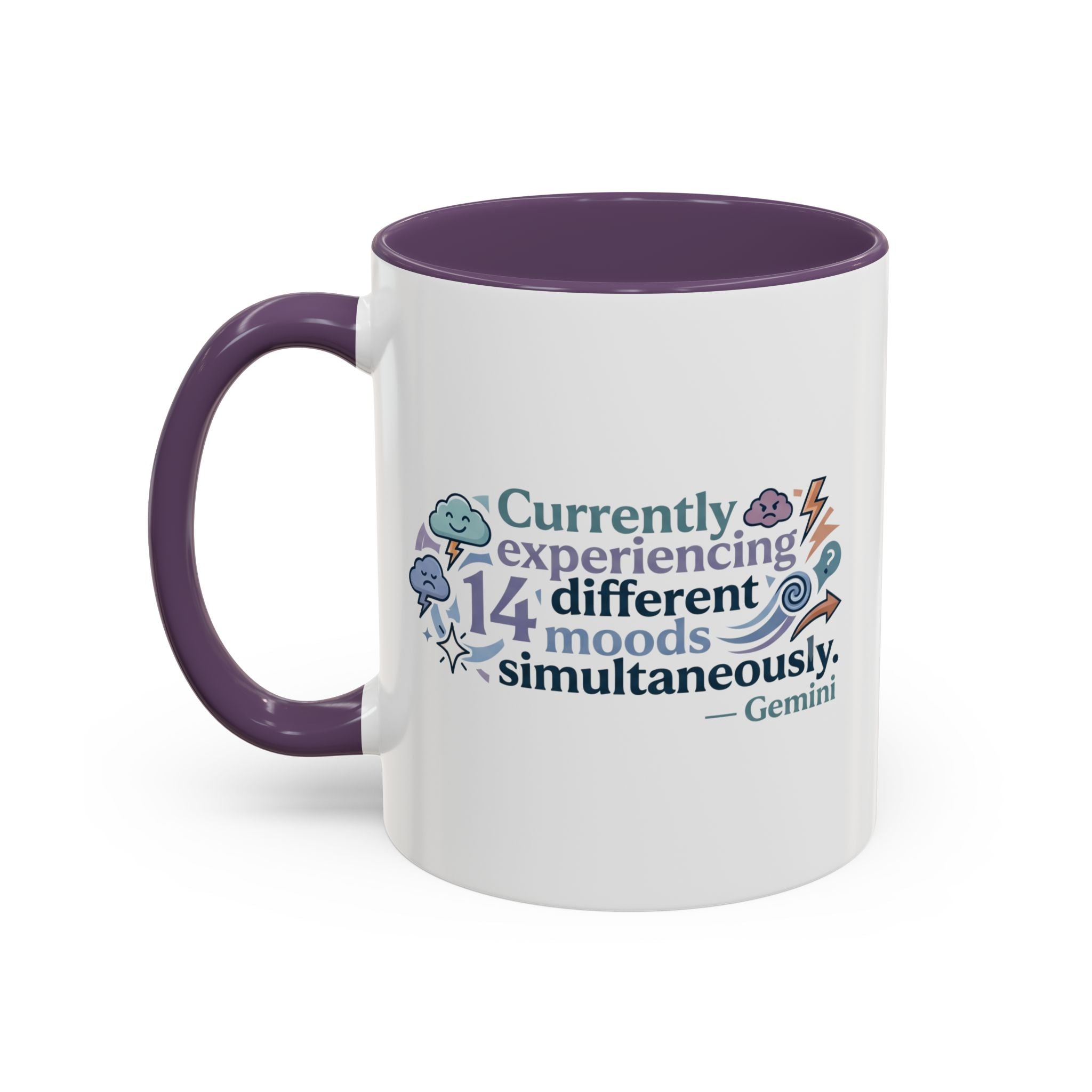 Gemini Mood Coffee Mug — "Currently Experiencing 14 Different Moods" Accent Ceramic Mug