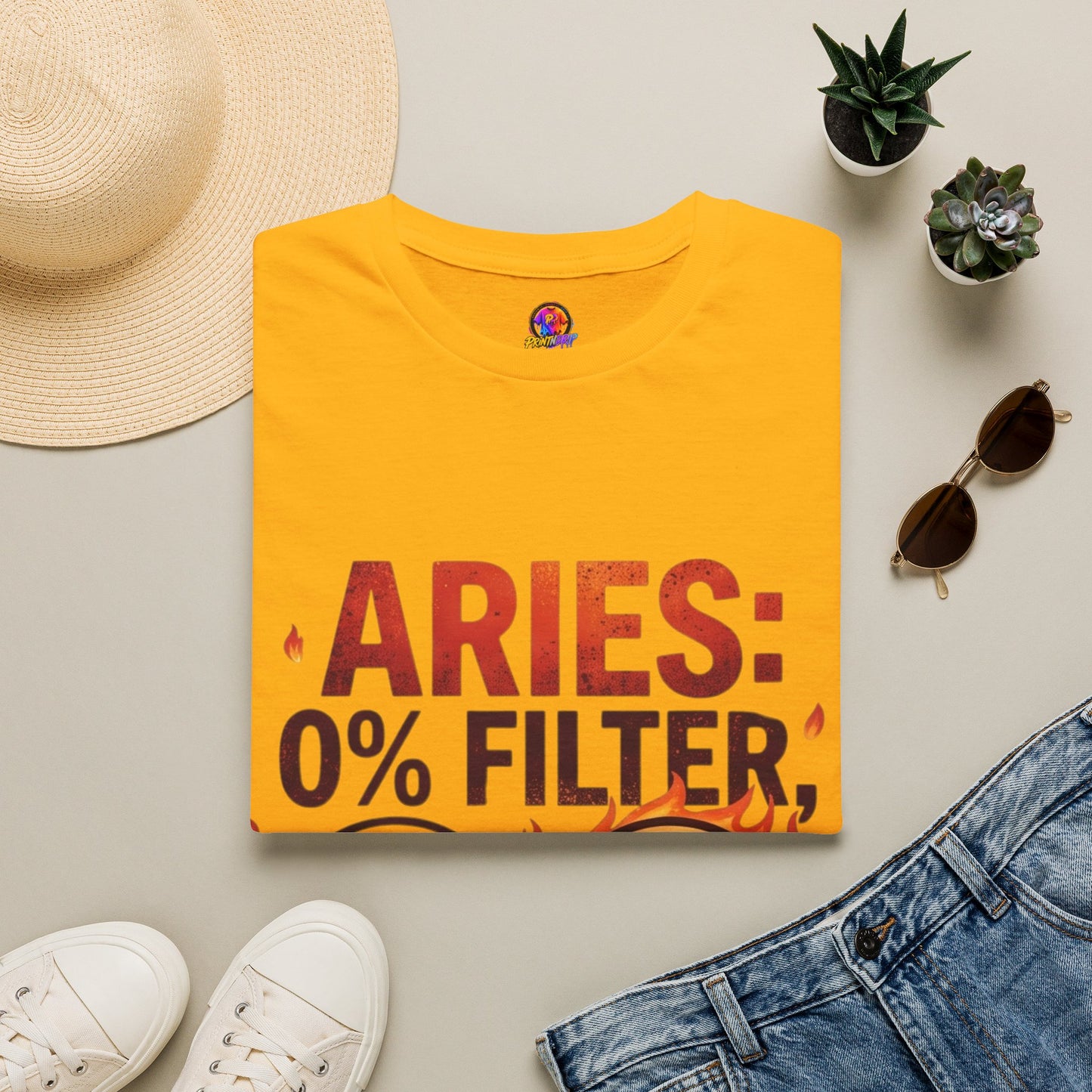 Aries T-Shirt — "Aries: 0% Filter, 100% Fire" Bold Zodiac Tee