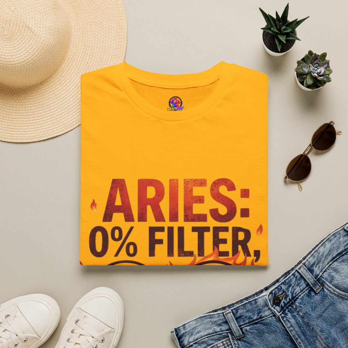 Aries T-Shirt — "Aries: 0% Filter, 100% Fire" Bold Zodiac Tee