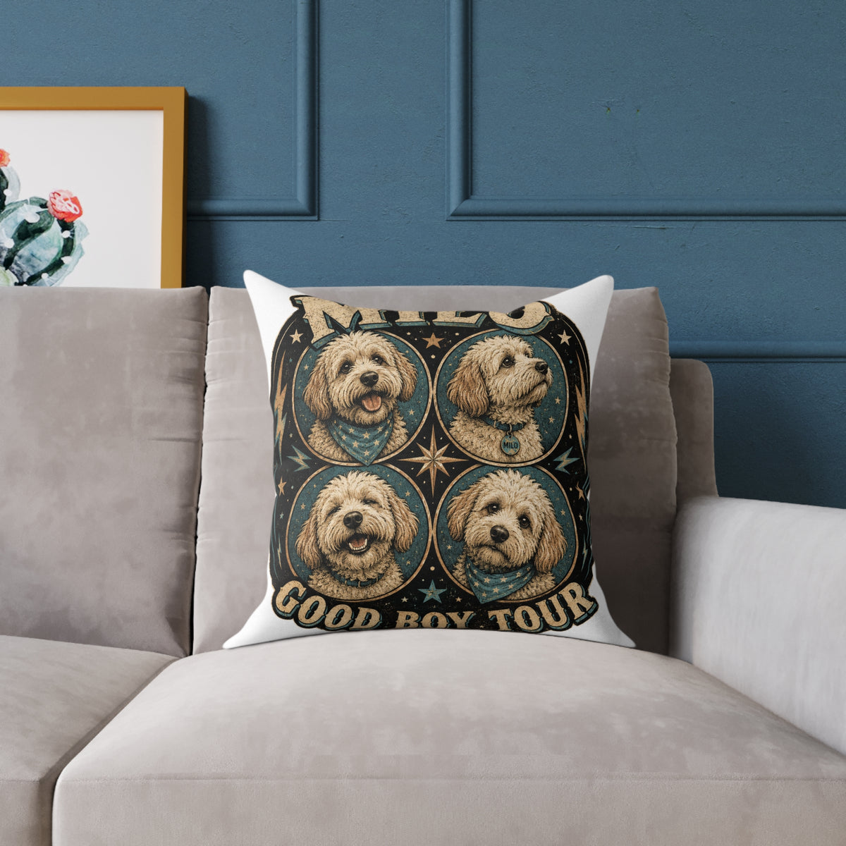Personalized Dog Pillow  Milo Bailey Dog Dad Mom— 'Milo' Retro Pet Portrait Cushion (Good Boy Tour Design)