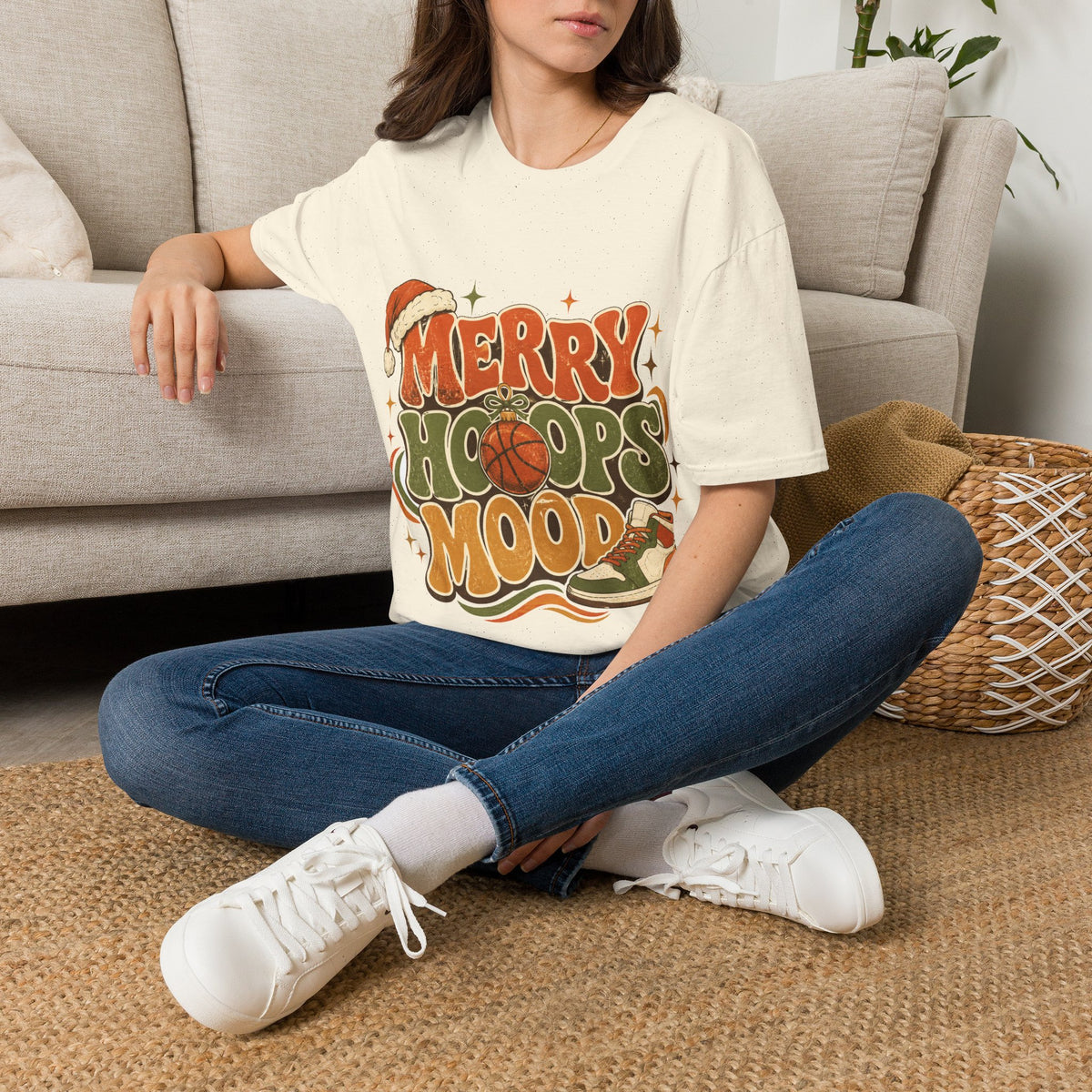 Merry Hoops Mood T-Shirt — Retro Holiday Basketball Christmas Tee