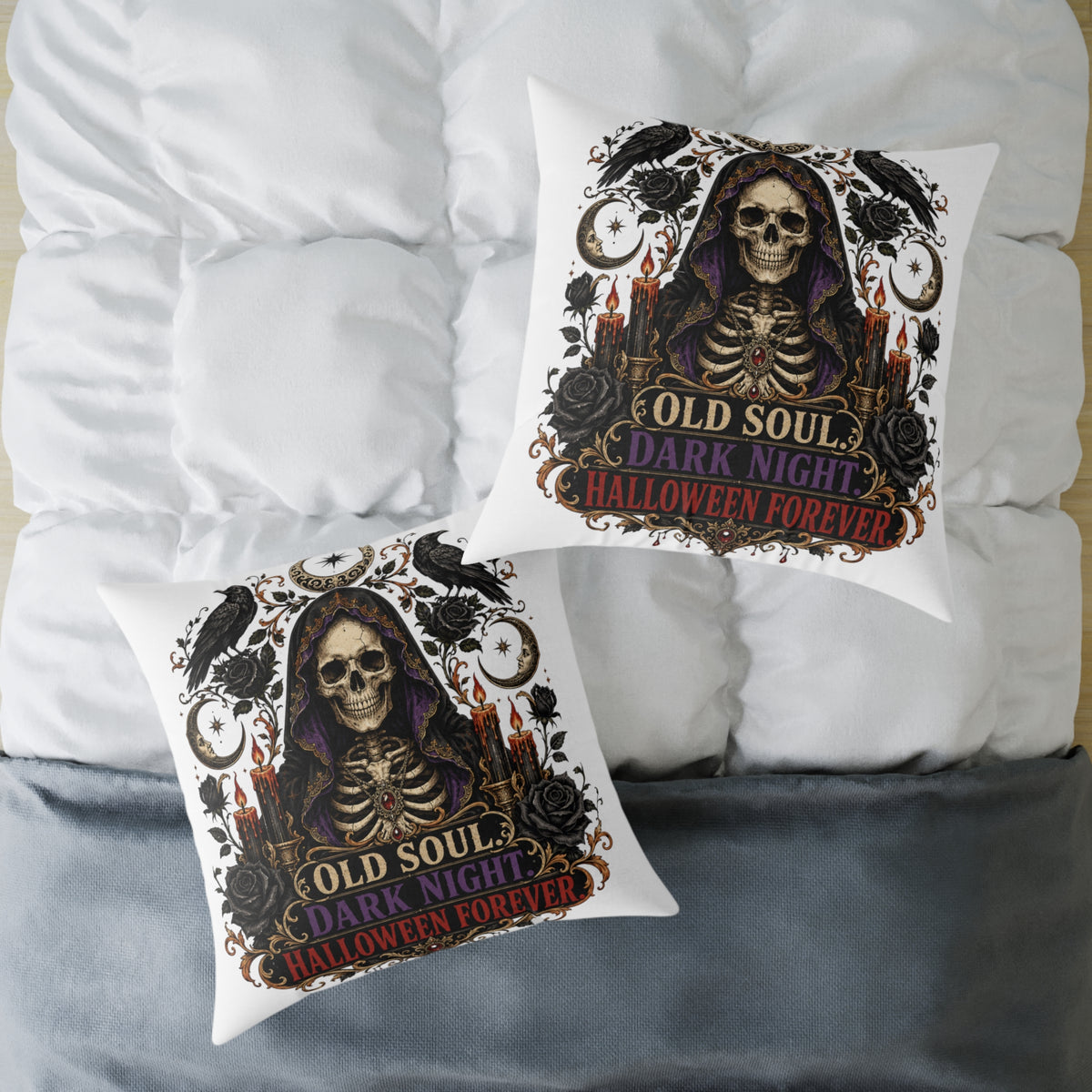 Halloween Skull Pillow — "Old Soul, Dark Night" Decorative Cushion