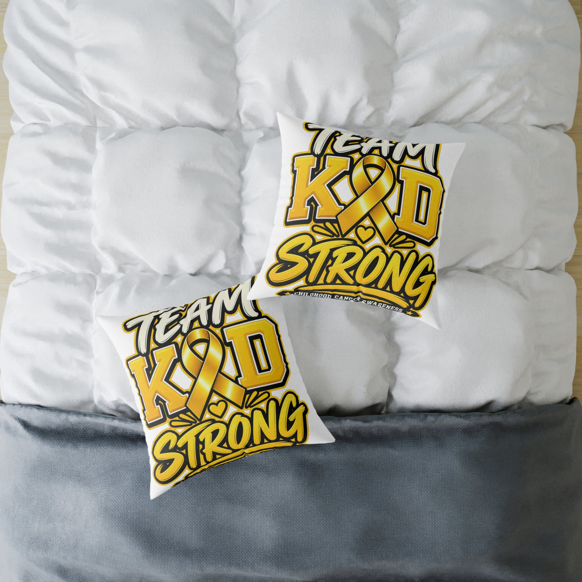 Team Kid Strong Square Throw Pillow — Childhood Cancer Awareness Ribbon Accent