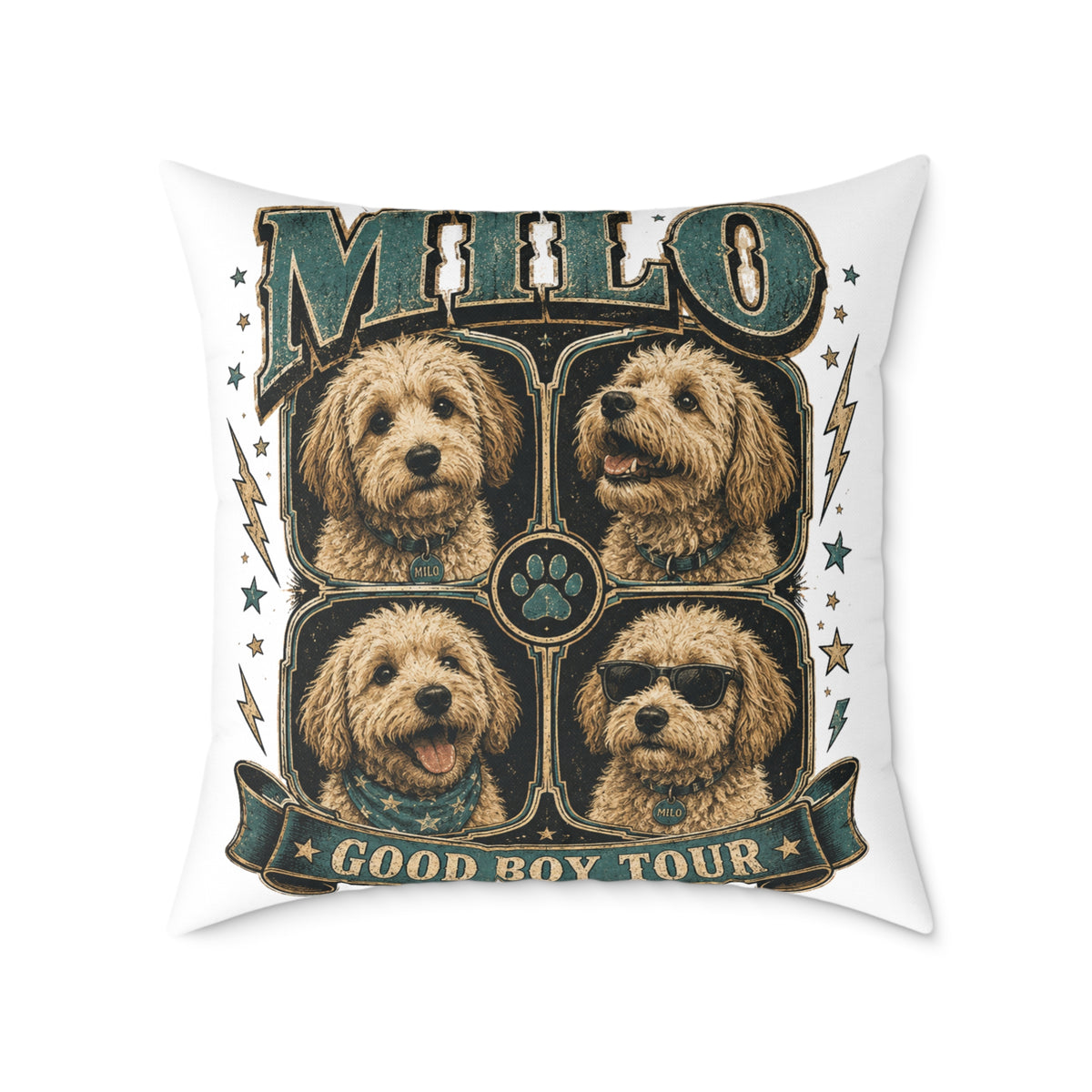 Milo 'Good Boy Tour' Square Canvas Pillow — Dog Portrait Decorative Throw Pillow