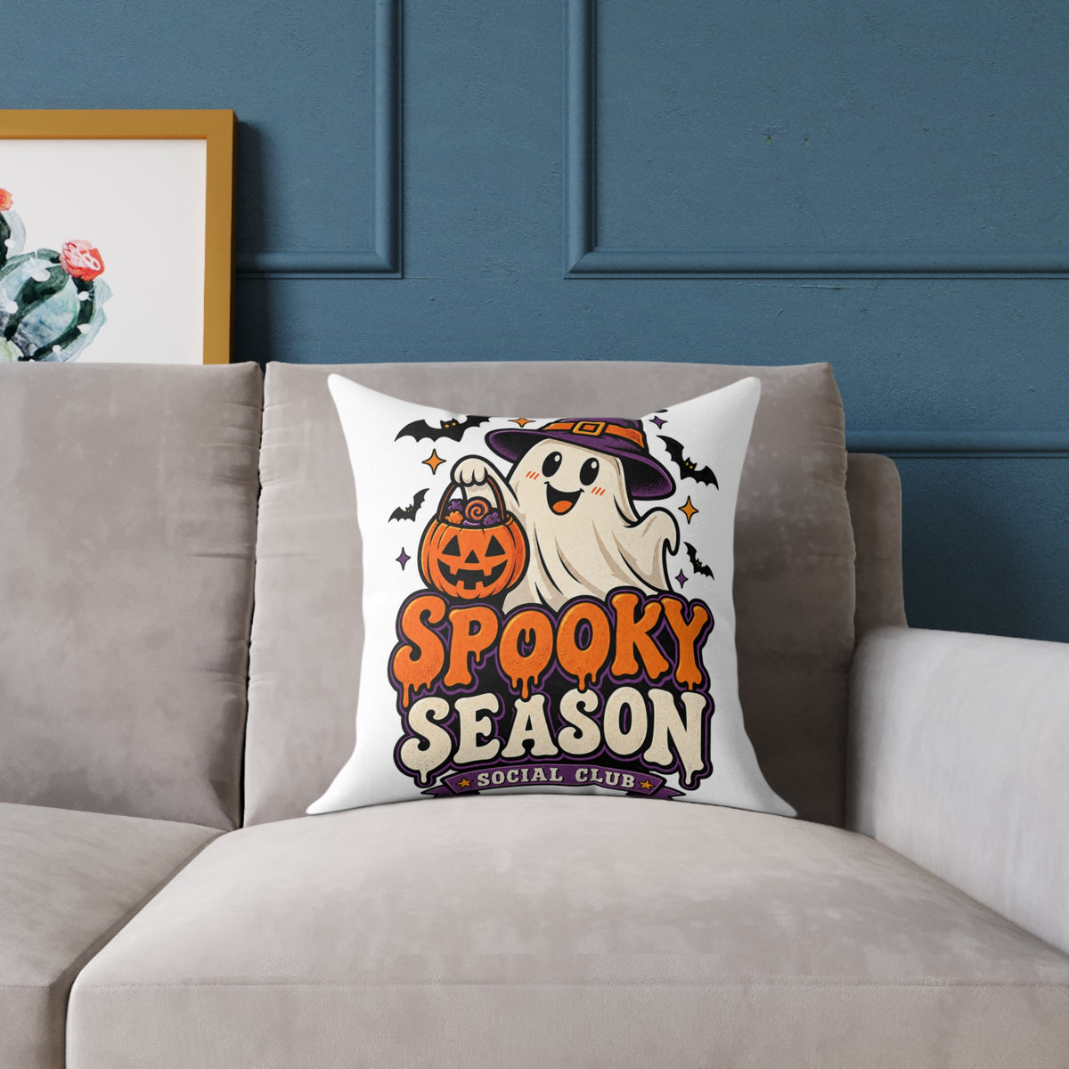 Spooky Season Halloween Pillow - Cute Ghost & Pumpkin Square Throw Pillow