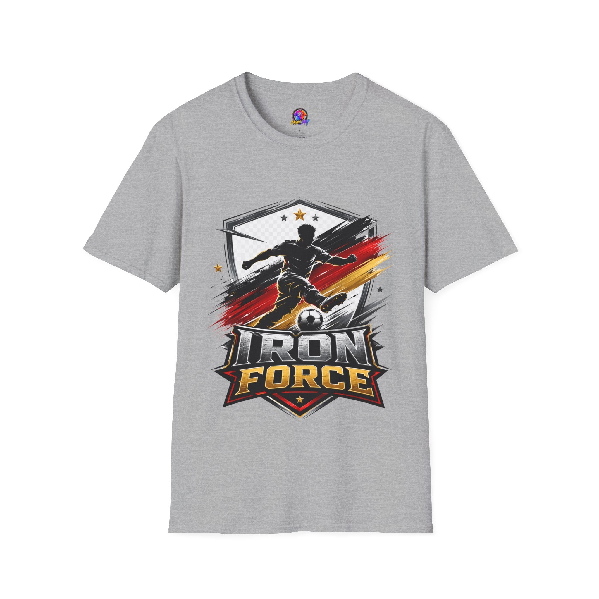 Germany Soccer 'Iron Force' Graphic T-Shirt — Player Silhouette with Red & Gold Brushstroke Emblem