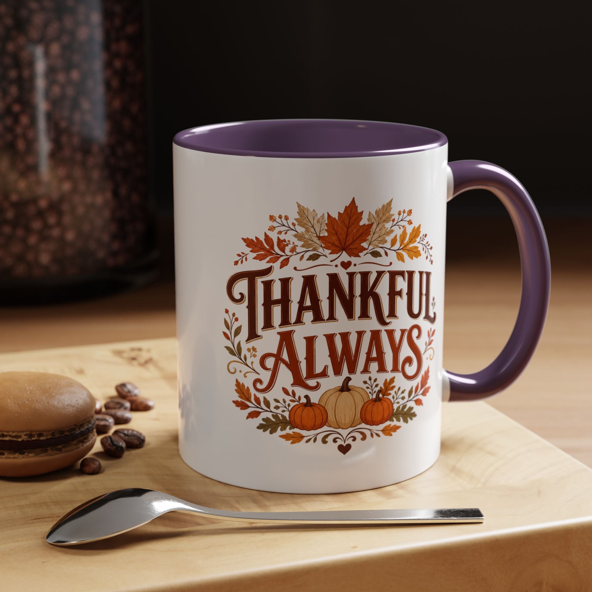 Thanksgiving Mug Thankful Always Accent Coffee Mug — Fall Pumpkin & Leaves Thanksgiving Gift