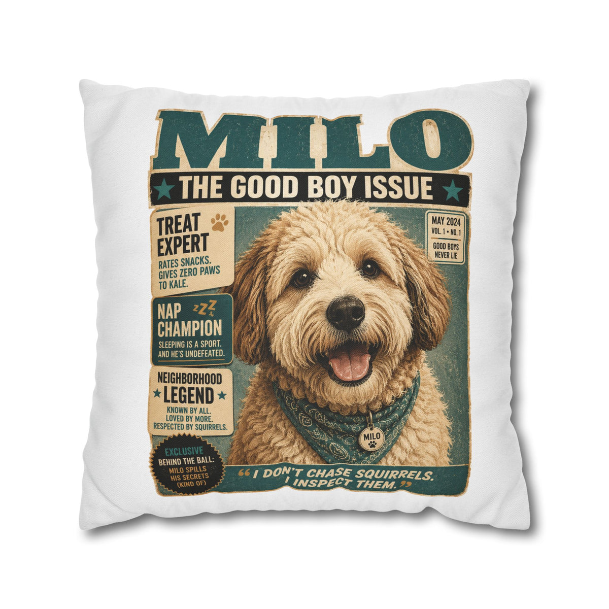 Dog Magazine Cover Pillowcase Milo Bailey Dog Dad Mom– "Milo: The Good Boy Issue" Decorative Throw Pillow