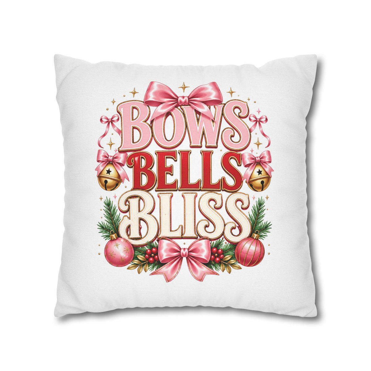 Christmas Bows Bells Bliss Decorative Pillowcase — Pink Christmas Holiday Throw Pillow Cover