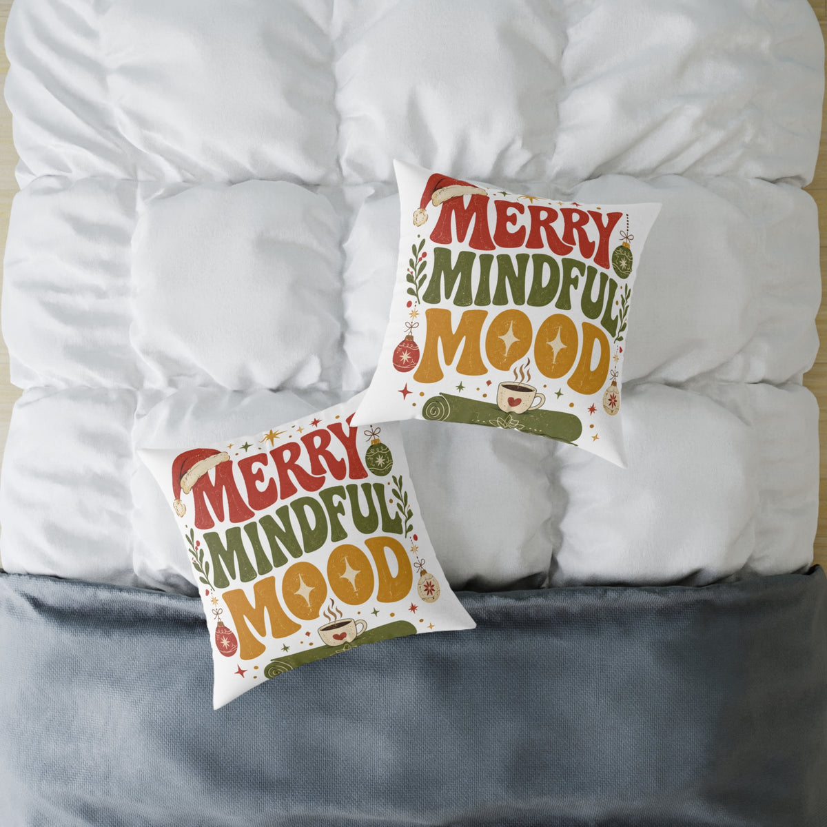 Merry Mindful Mood Holiday Modern Day Christmas Pillow — Festive Christmas Decorative Square Throw Cushion