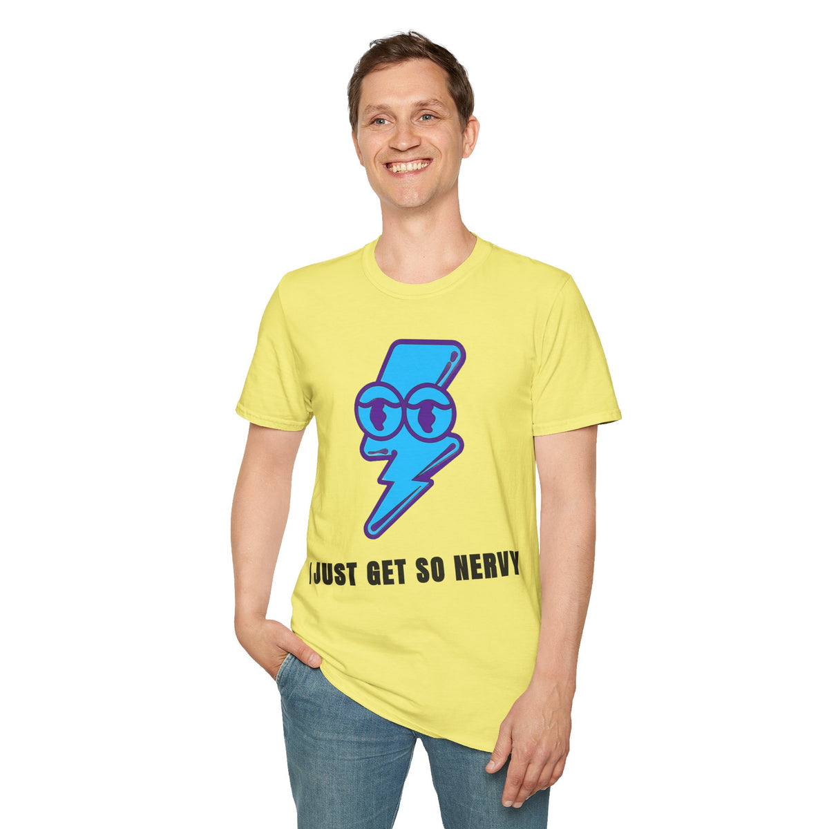 Graphic T-Shirt — 'I Just Get So Nervy' Blue Lightning Emoji Tee - Trending Now - September 2026