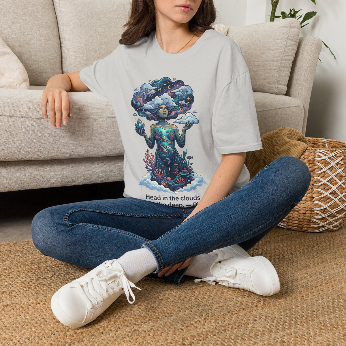 Pisces Zodiac in the Clouds T-Shirt — Dreamy Cosmic Woman Graphic Tee