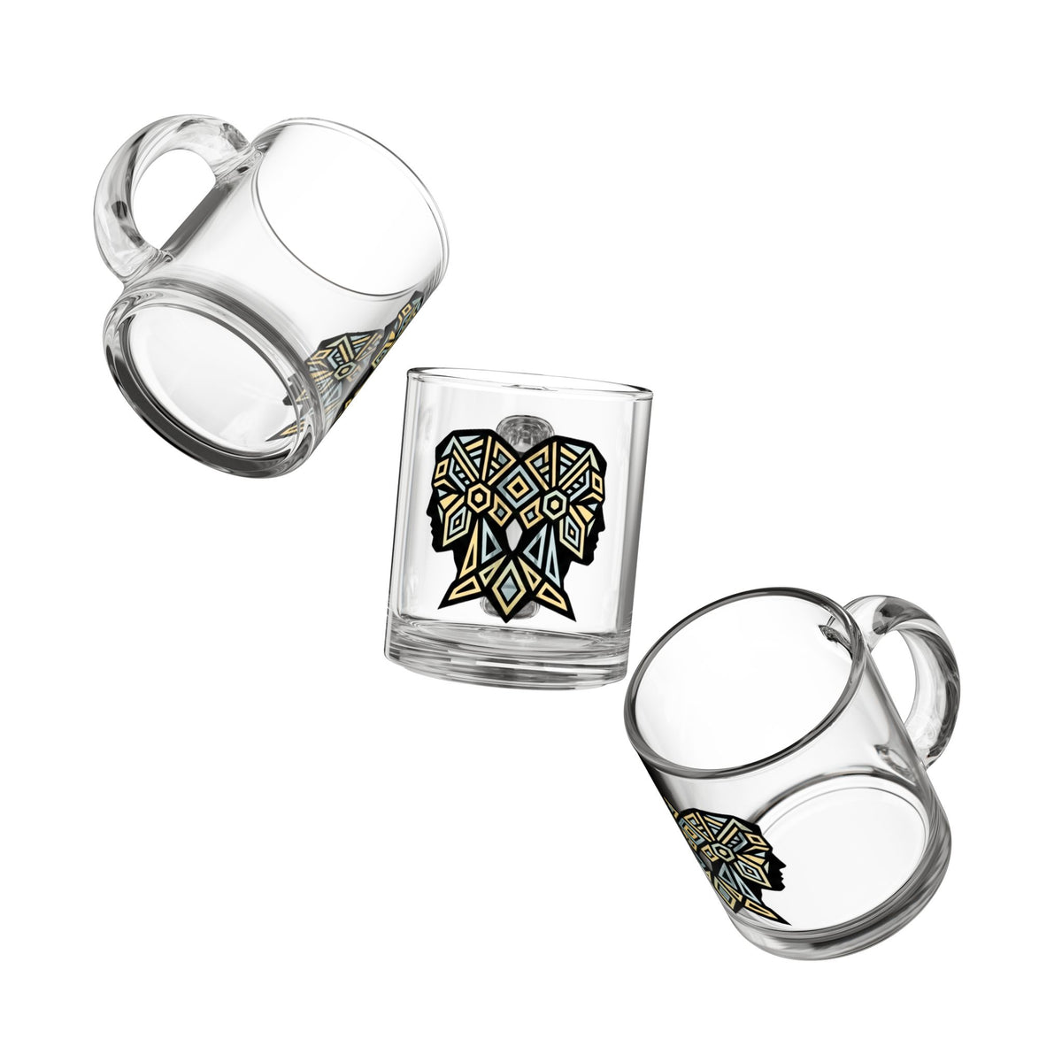 Gemini Geometric Elephant Glass Mug — 10oz Tribal-Inspired Animal Coffee Cup