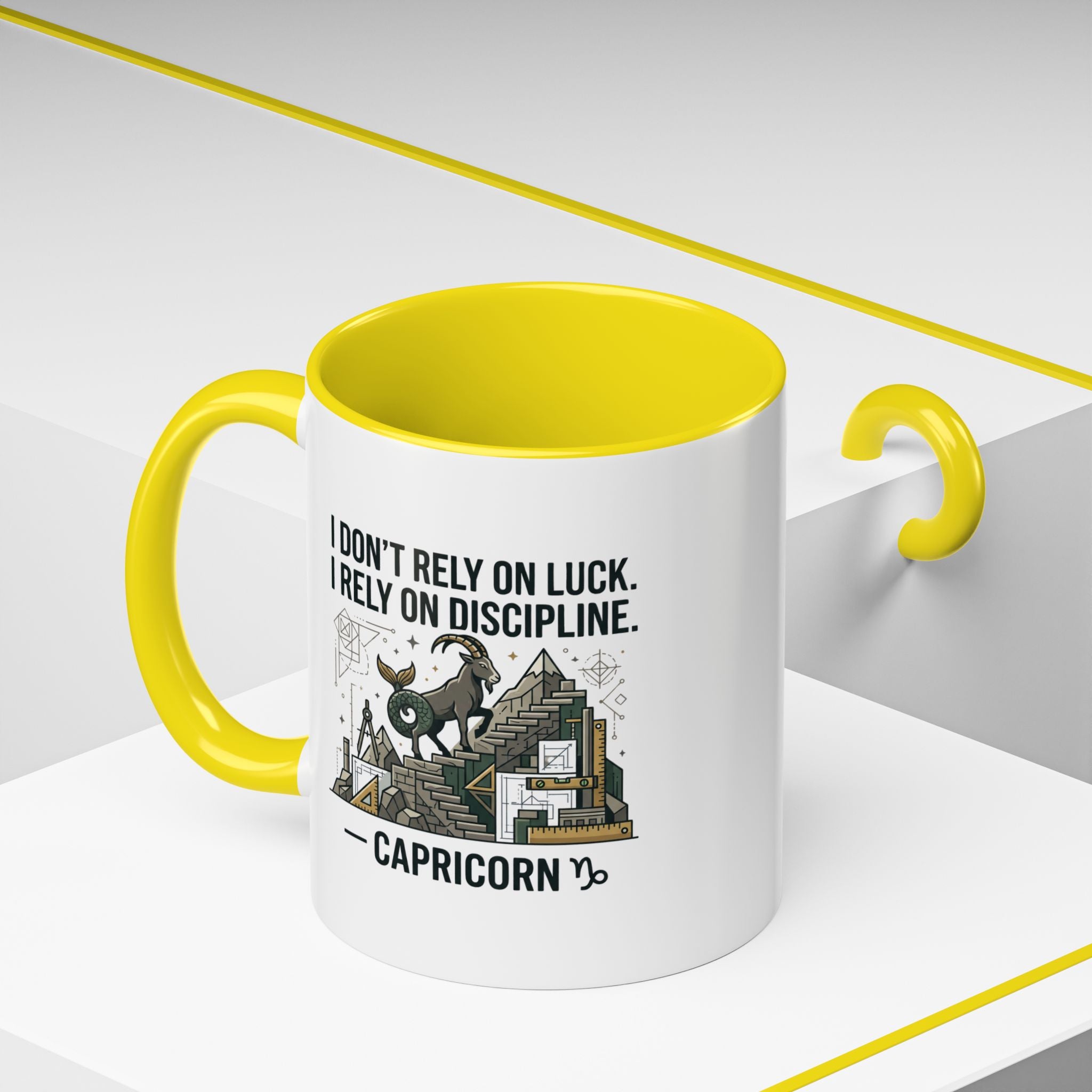 Capricorn Coffee Mug — “I Don’t Rely on Luck. I Rely on Discipline.” Accent Ceramic Mug