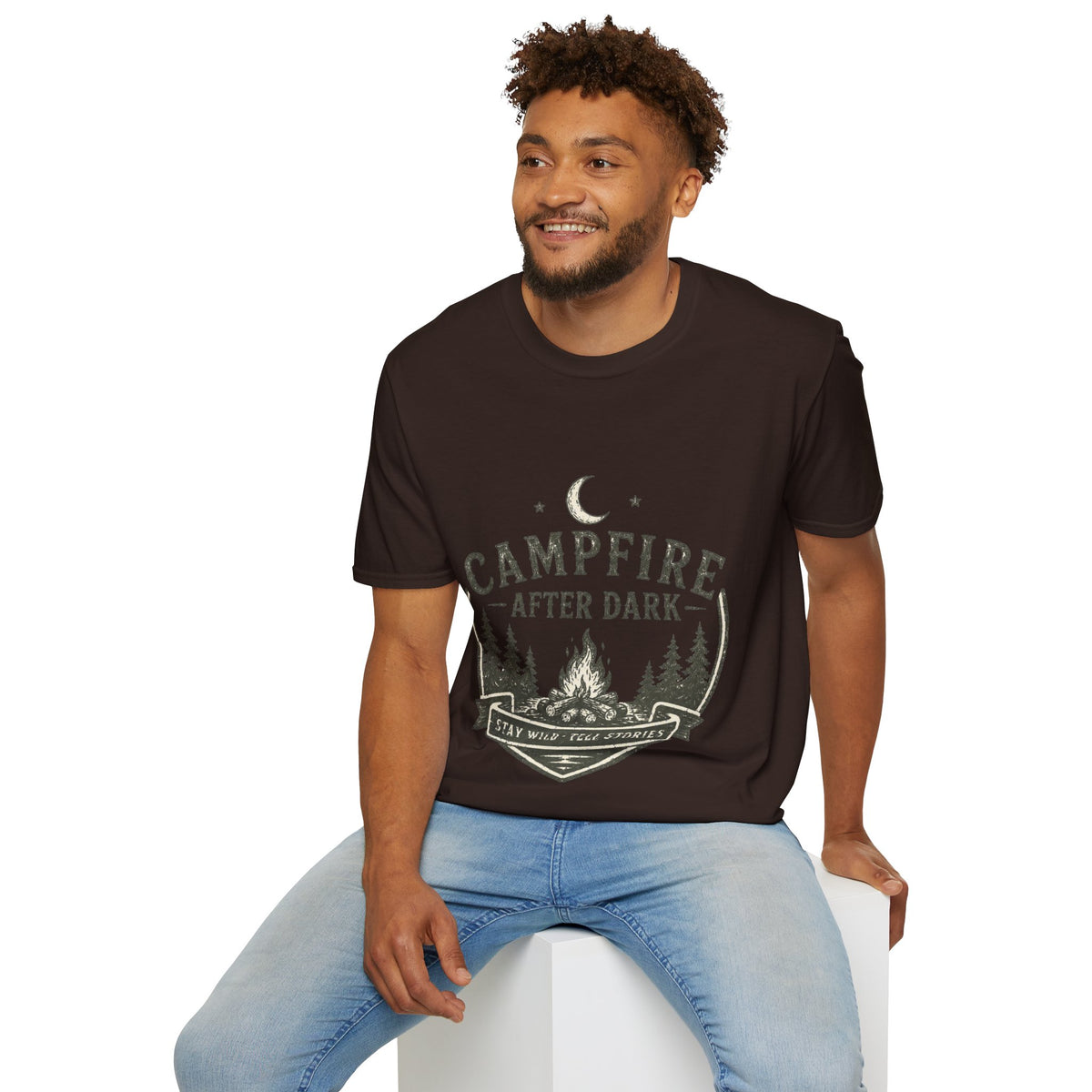 Campfire T-Shirt — "Campfire After Dark" Moonlit Camping Graphic