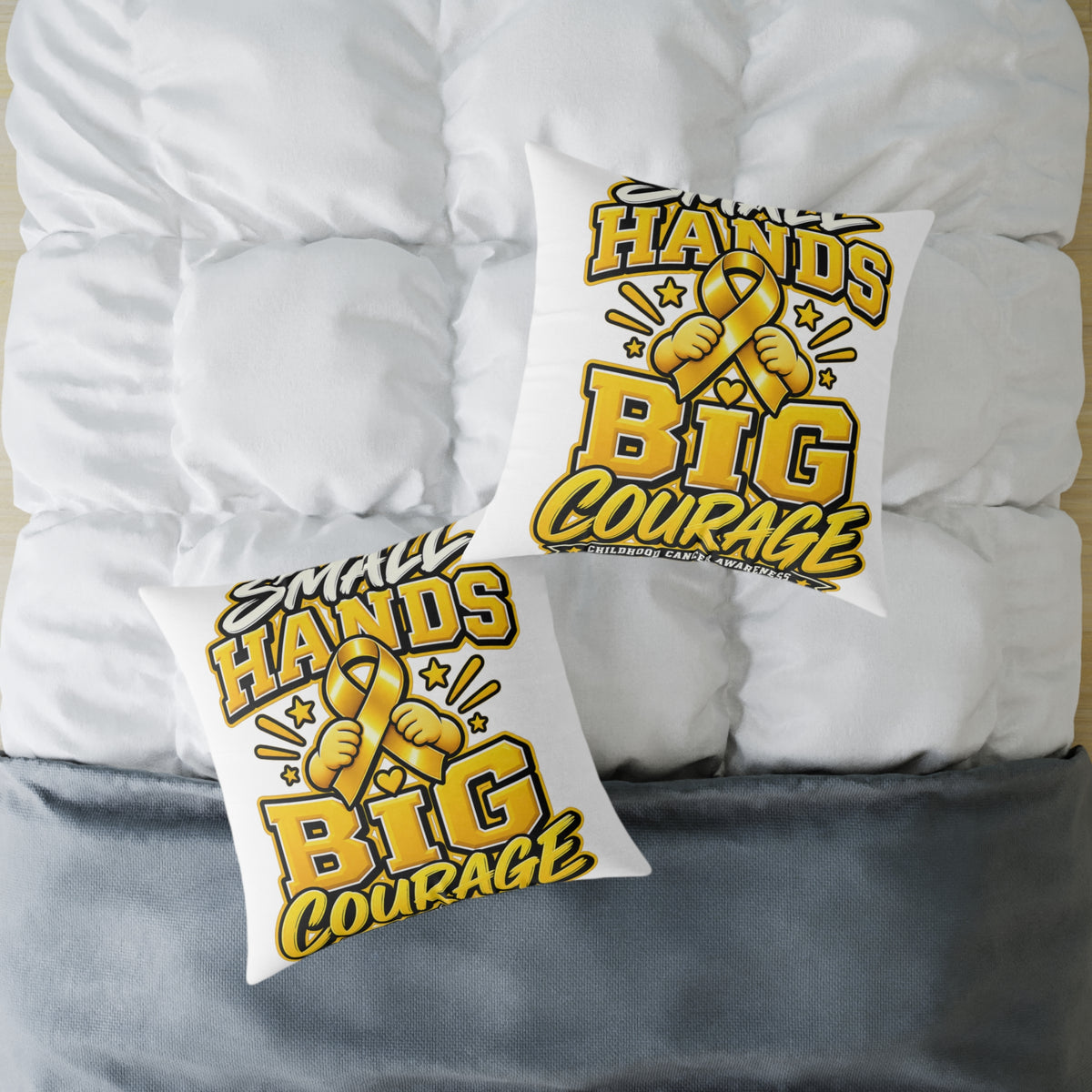 Square Pillow — "Small Hands Big Courage" Gold Ribbon Awareness Throw Pillow