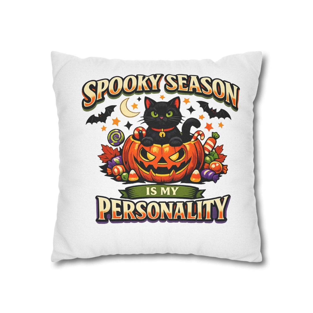 Halloween Pillowcase — "Spooky Season Is My Personality" Black Cat Pumpkin Decorative Pillow