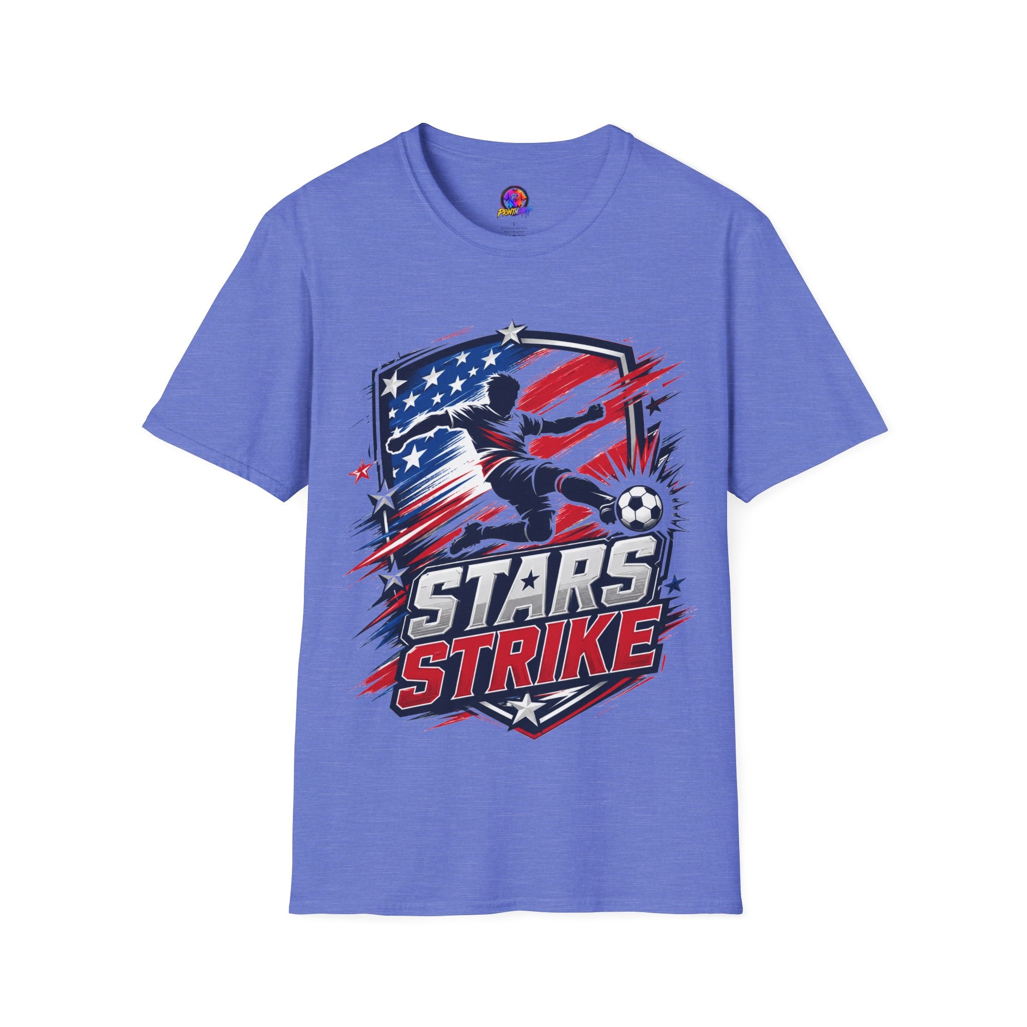 USA Soccer Stars Strike T‑Shirt — American Flag Soccer Player Graphic