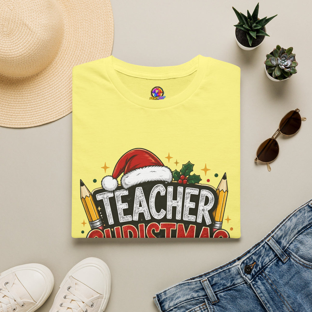 Teacher Christmas Crew T-Shirt — Holiday School Staff Tee with Santa Hat & Pencils